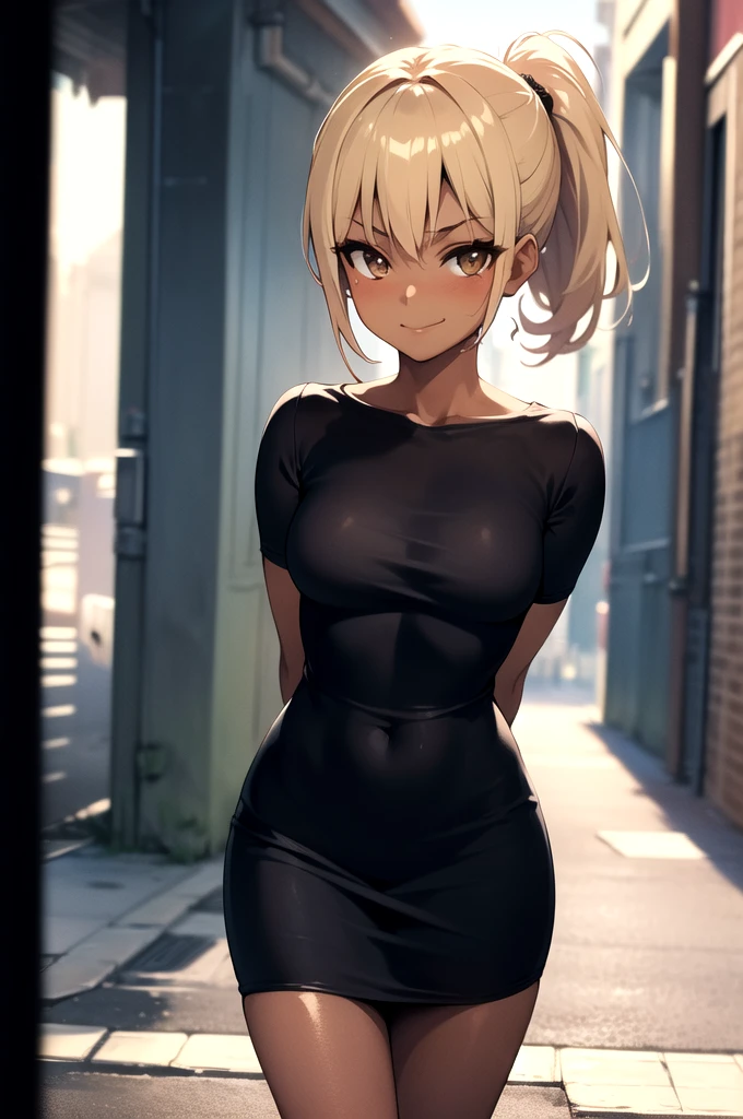 ((((masterpiece)))), ((((best quality)))), 8k, (front Photo), (1girl), shiny skin, female focus, rim light, age, a girl standing in the neighborhood, ponytail, blonde hair, dark brown eyes, (dark skin), smirk, closed mouth, gyaru, arm behind back,