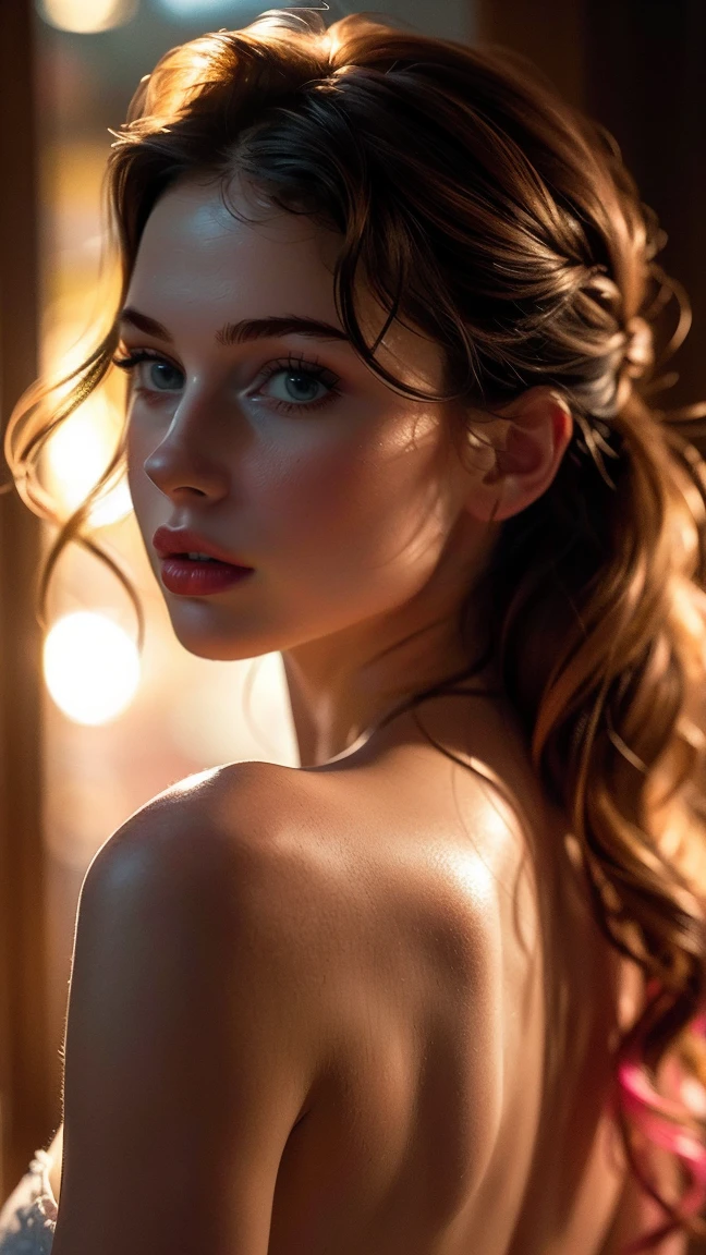 (((ultra realistic))) Photo, masterpiece, top quality, (pale skin), (Ultra detailed face and eyes:1.3), 1 girl, Adult, In Lifchik, ((Eye makeup, pink mascara)), ((large detailed lips)), ((pink wavy hair)), ((Chyolka)) , (Natural breasts), Slim waist. ((Posing)), photoshoot, studio (contour lighting), (The play of light and shadows), depth of field, bokeh, (special attention to skin detail: 1.2), Detailed leather texture, skin pores. (Light atmosphere of the frame. Color range - delicate, Bright, Yellow tones), UDR, ((Film grain)), ((rays)), (Glare), ((Photo from the back)) , ultra detialed, 