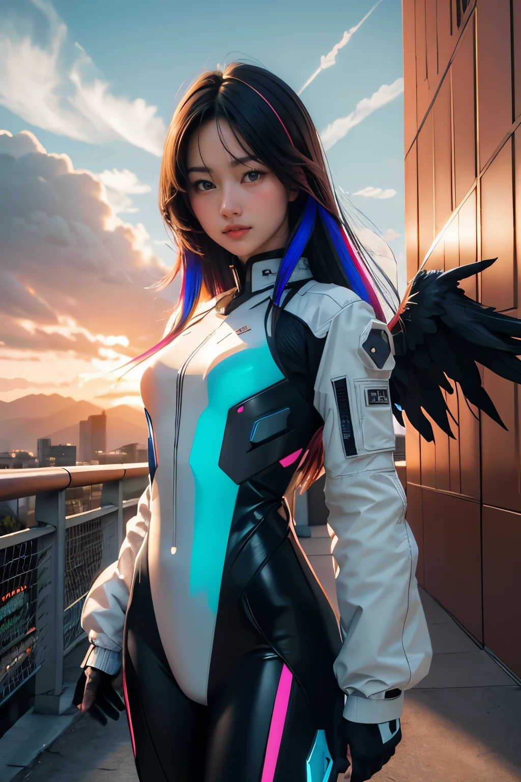 ((masterpiece, best quality, extremely detailed), volumetric lighting, ambient occlusion, colorful, glowing), 
1girl, solo, young girl, (dark hair), long hair, halo, aura, sacred, godness, cyber suit, (random-colored outfit:1.3), android, bot, cybernetic wings,
outdoors, sunset, sky, clouds, space, (cyberpunk theme:1.2),