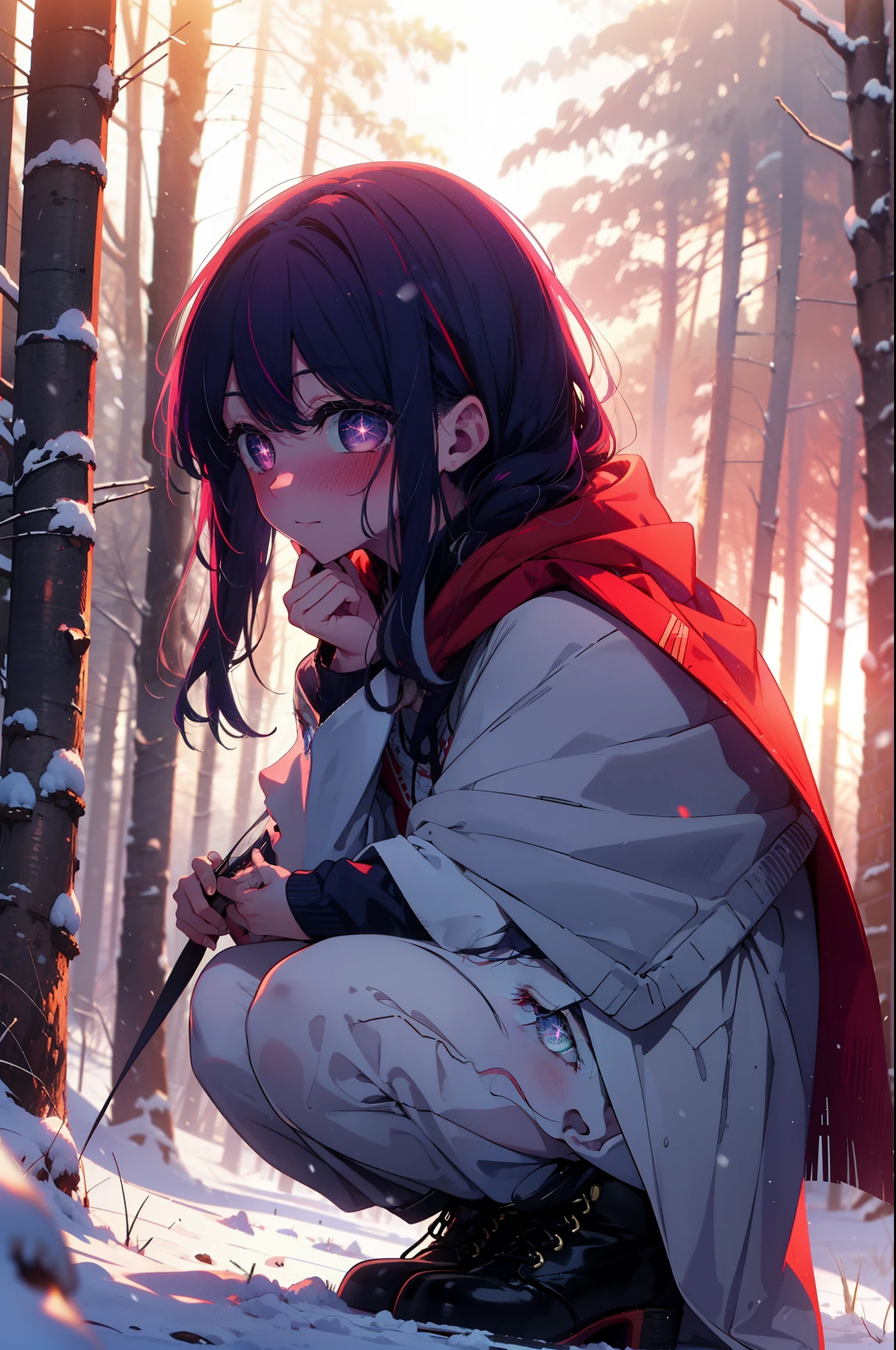 aihoshino, Ai Hoshino, Long Hair, bangs, (Purple eyes:1.1), Purple Hair, (Symbol-shaped pupil:1.5), smile,,smile,blush,white breath,
Open your mouth,snow,Ground bonfire, Outdoor, boots, snowing, From the side, wood, suitcase, Cape, Blurred, , forest, White handbag, nature,  Squat, Mouth closed, Cape, winter, Written boundary depth, Black shoes, red Cape break looking at viewer, Upper Body, whole body, break Outdoor, forest, nature, break (masterpiece:1.2), Highest quality, High resolution, unity 8k wallpaper, (shape:0.8), (Beautiful and beautiful eyes:1.6), Highly detailed face, Perfect lighting, Extremely detailed CG, (Perfect hands, Perfect Anatomy),