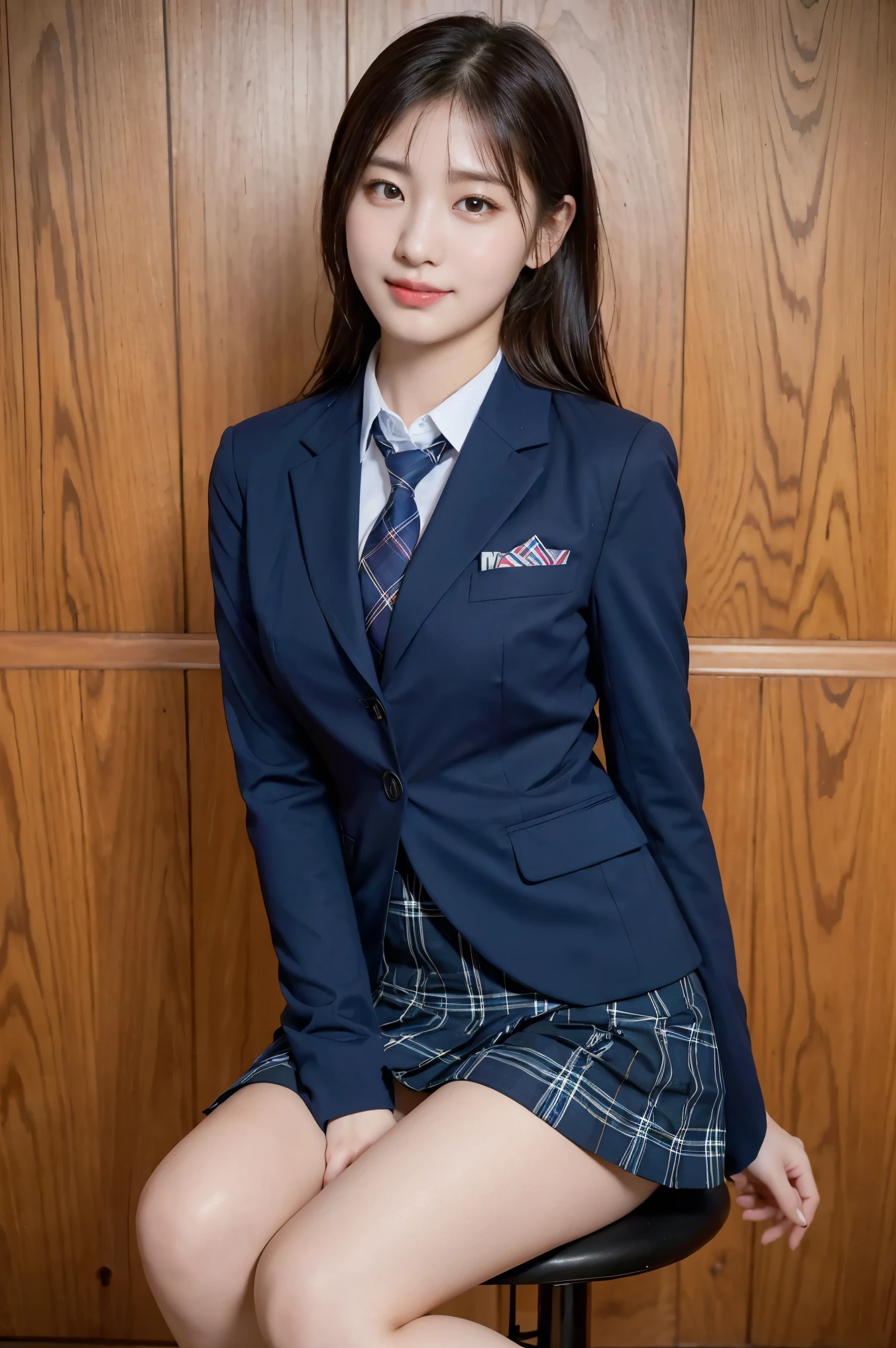 (8K), (highest quality: 1.2), (realistic), (realistic: 1.37), ultra high resolution, (1 girl), cute, smile, closed mouth, beautiful details, beautiful nose, wet hair, giant dulcefo, pork, thighs,self snap,University Student Uniform,(A simple navy blue blazer),pleated skirt,(The skirt and tie are tartan check pattern:1.3),(sitting:1), sit on ,from the front,knees