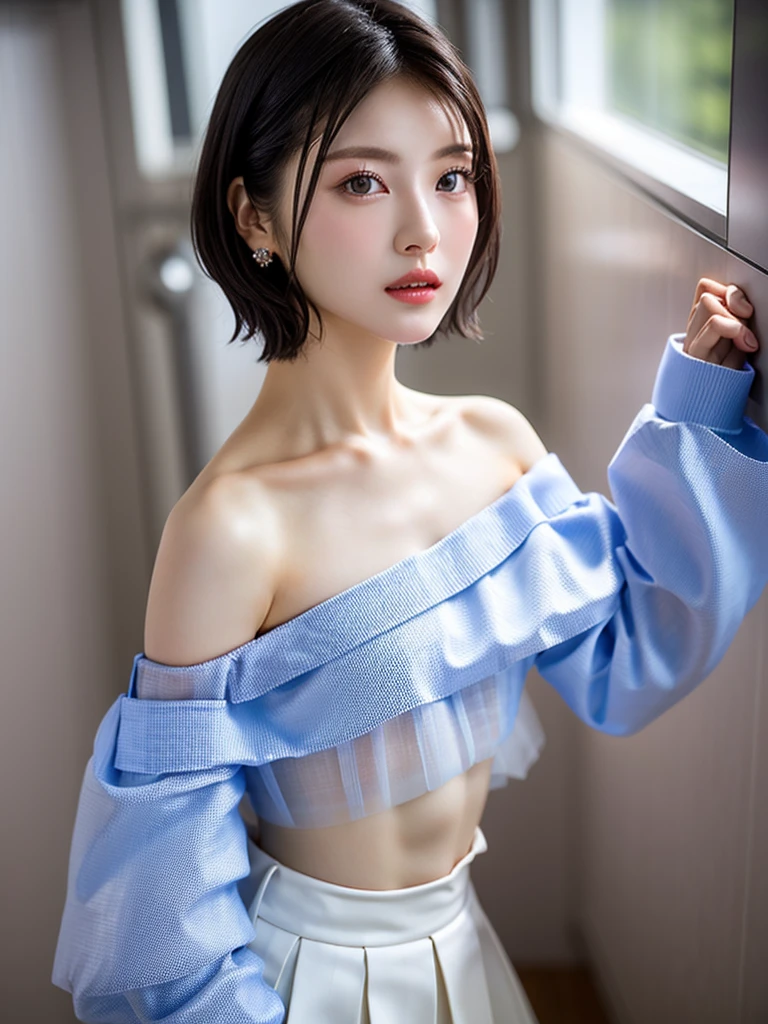 1 girl, (Armpits are fully visible:1.4)、(Standing looking at the camera:1.5)、(Wear a large, Loose, A tubular off-the-shoulder organza garment worn next to bare skin.:1.6),(small, Flat Chest:1.7)、 (Looking into the camera:1.5)、Beautiful Japanese actresses,
Photogenic, Yukihime, Long eyelashes, Snowflake Earrings,
(RAW Photos, Highest quality), (reality, reality的:1.4), (flying debris),
Beautiful details, Beautiful lip detail, Highly detailed eyes and face,
BREAK is perfect anatomy, The whole body is thin, small breasts, (short hair:1.3), Angel'smile,
Crystal Skin, Wake up, Capture the light