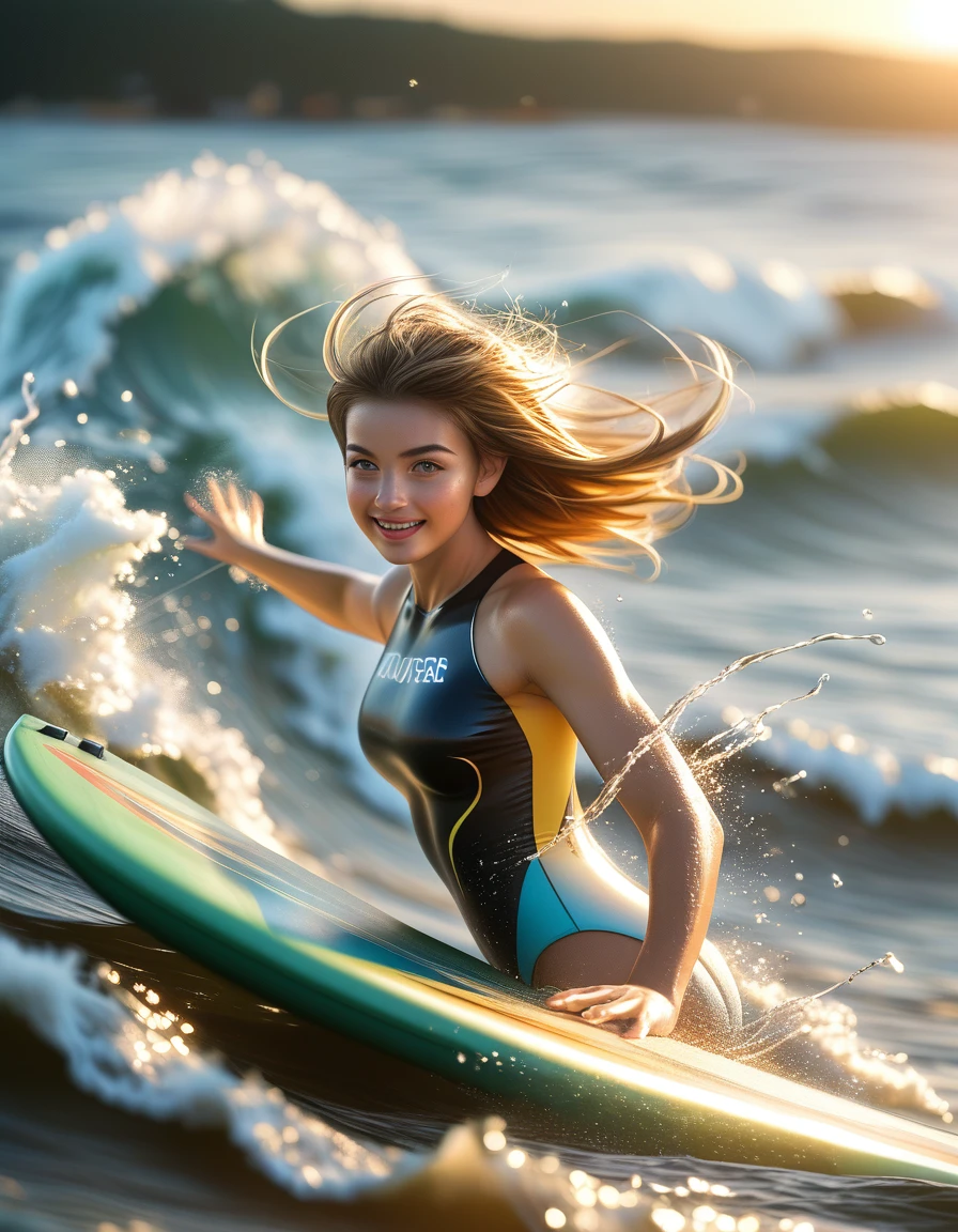 score_9、score_8_top、score_7_top、score_6_top、score_5_top、score_4_top、Beautiful young woman surfing_Ride on a big wave、Elegant wetsuits、Detailed face and body、Photorealistic、masterpiece、Realistic ocean waves、Dramatic lighting、Bright colors、Golden Hour、Motion Blur、Splash effect、Action pose