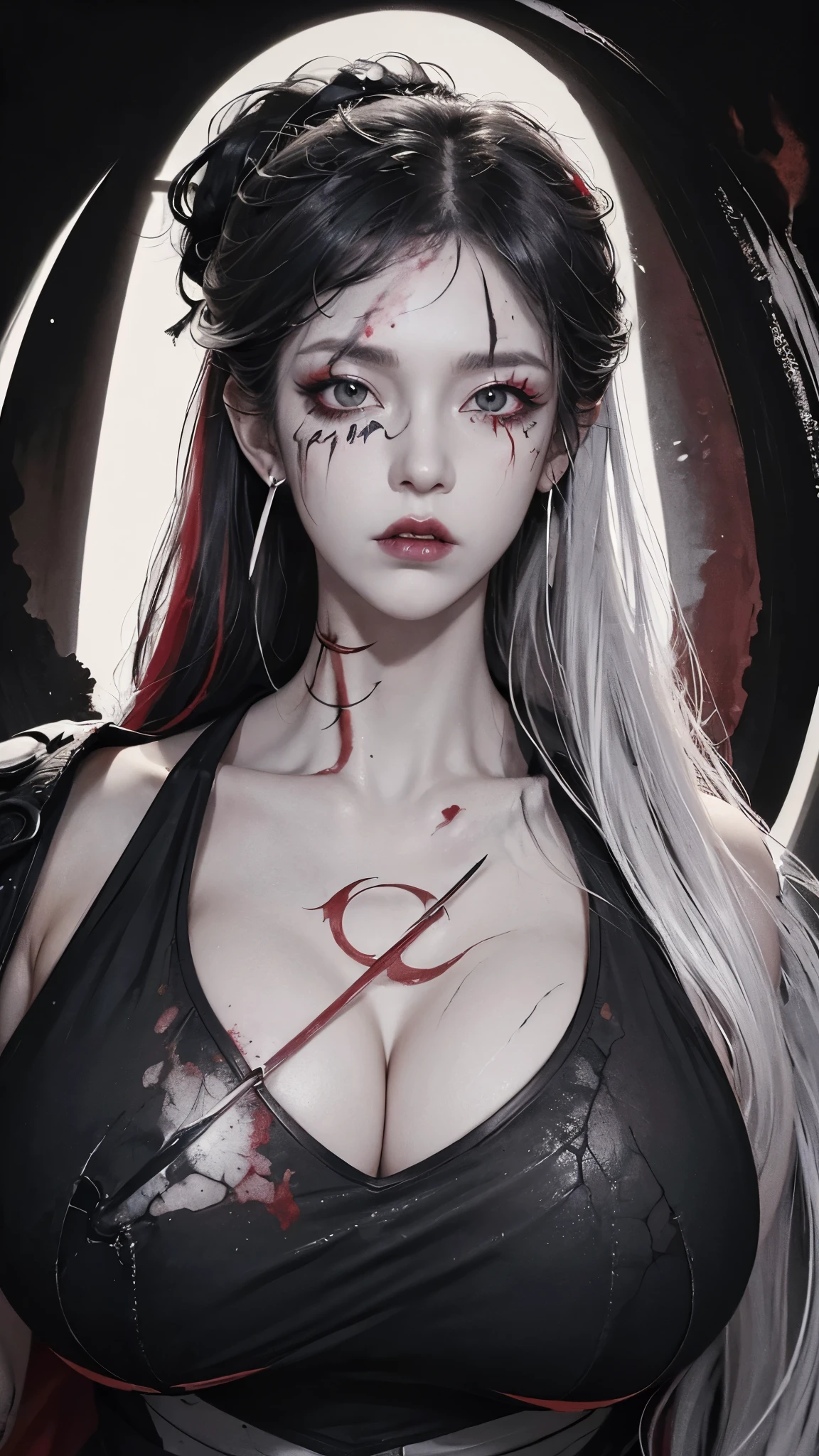  ((top quality, 8 thousand, masterpiece:1.3)) Korean woman, disorderly,receive the light,(platinum white ponytail), dark eyeshadow, black lipstick, Gothic makeup, (Smudged makeup: 1.3), beautiful and delicate hair,delicate red pupils, (massive accentuated super huge enormously  gigantic tits: 1.7) , In a dark cave, Red tattoo, very pale skin, Smudged makeup, indifferent expression, red circle lenses, goth style clothes, monochrome, (smeared eye line: 1.6)