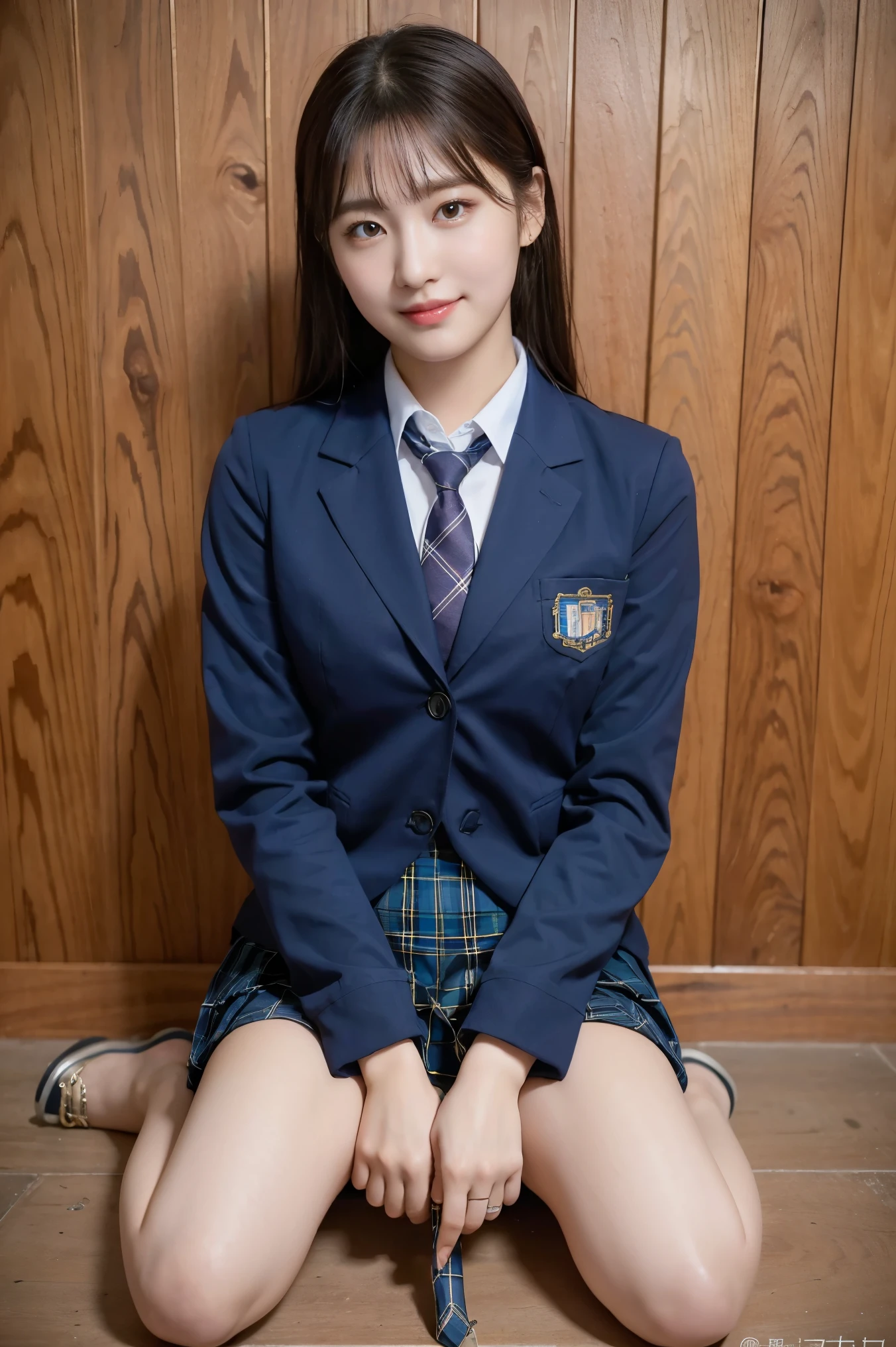 (8K), (highest quality: 1.2), (realistic), (realistic: 1.37), ultra high resolution, (1 girl), cute, smile, closed mouth, beautiful details, beautiful nose, wet hair, giant dulcefo, pork, thighs，self snap,University Student Uniform,(A simple navy blue blazer),pleated skirt,(The skirt and tie are tartan check pattern:1.3),(sitting:1), sit on ,(hug your feet:1),from the front,knees