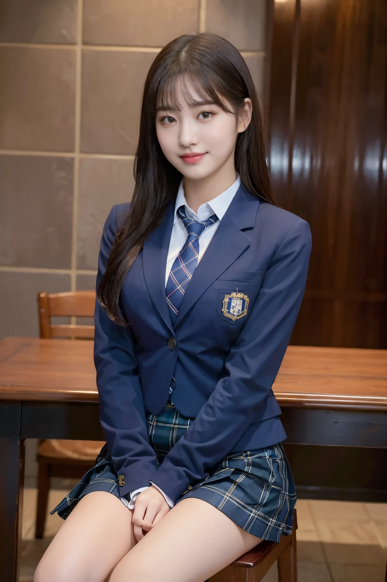 (8K), (highest quality: 1.2), (realistic), (realistic: 1.37), ultra high resolution, (1 girl), cute, smile, closed mouth, beautiful details, beautiful nose, wet hair, giant dulcefo, pork, thighs,self snap,University Student Uniform,(A simple navy blue blazer),pleated skirt,(The skirt and tie are tartan check pattern:1.3),(sitting:1), sit on ,(hug your feet:1),from the front,knees