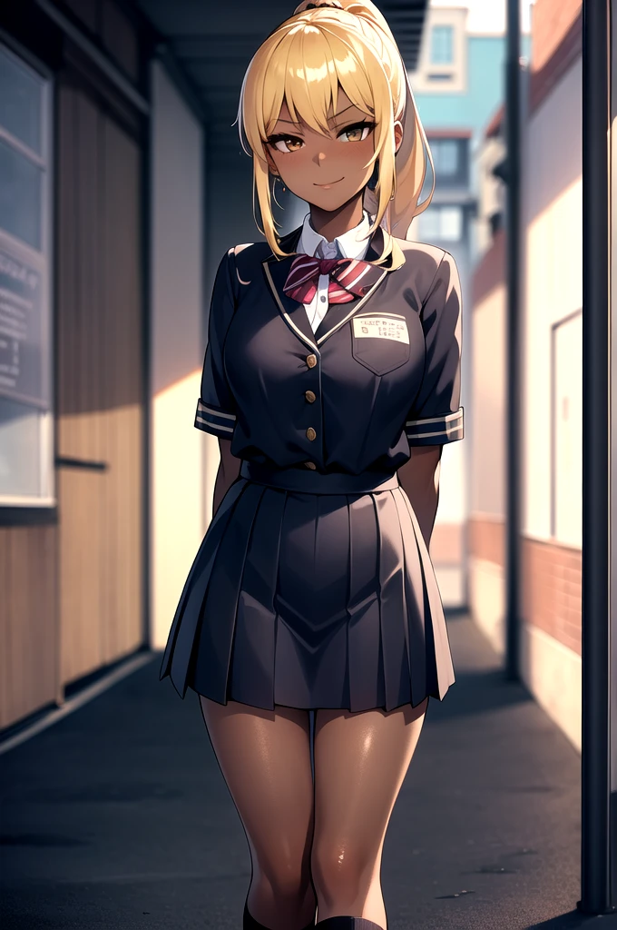((((masterpiece)))), ((((best quality)))), 8k, (front Photo), (1girl), shiny skin, female focus, rim light, age, a girl standing in the neighborhood, ponytail, blonde hair, dark brown eyes, (dark skin), smirk, closed mouth, gyaru, arm behind back, school_uniform