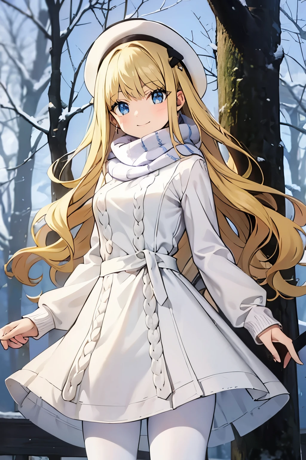 Safe for work, masterpiece, best quality, solo, 1 girl,  cute girl, wholesome girl, (young female body:1.4), ( medium small breasts), cowboy shot, shy smile, flustered, yellow hair, voluminous wavy hair, extra long hair, hime cut, very blunt bangs, light blue eyes, detailed eyes, snowy forest trees, snow, knit sweater dress, white sweater dress, scarf, white pantyhose, right sweater dress, knit dress, 