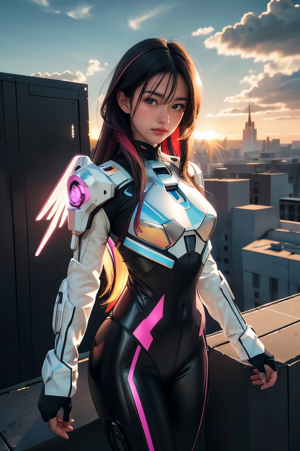 ((masterpiece, best quality, extremely detailed), volumetric lighting, ambient occlusion, colorful, glowing), 
1girl, solo, young girl, (dark hair), long hair, halo, aura, sacred, godness, cyber suit, (random-colored outfit:1.3), android, bot, cybernetic wings,
outdoors, sunset, sky, clouds, space, (cyberpunk theme:1.2),