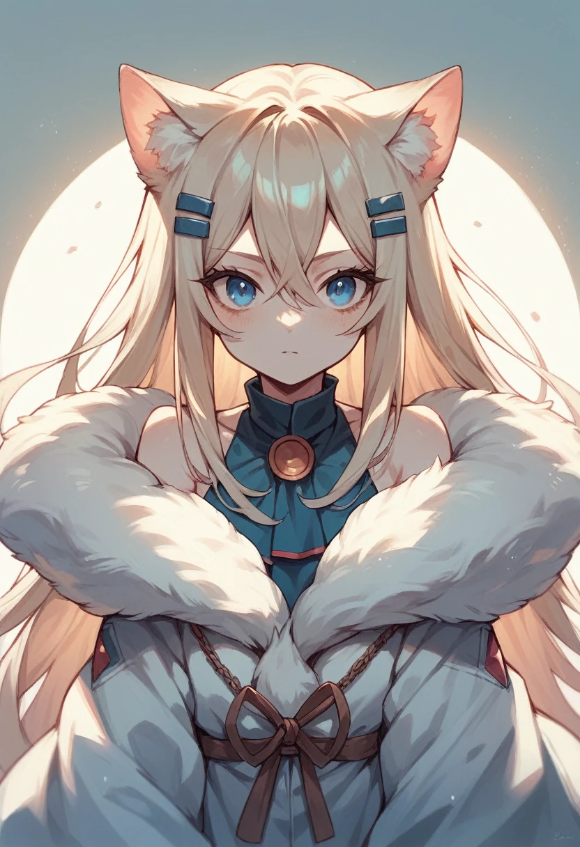 Cool girl human White, unkempt, very long hair Round cat ears blue eyes Wear a fur coat off your shoulders