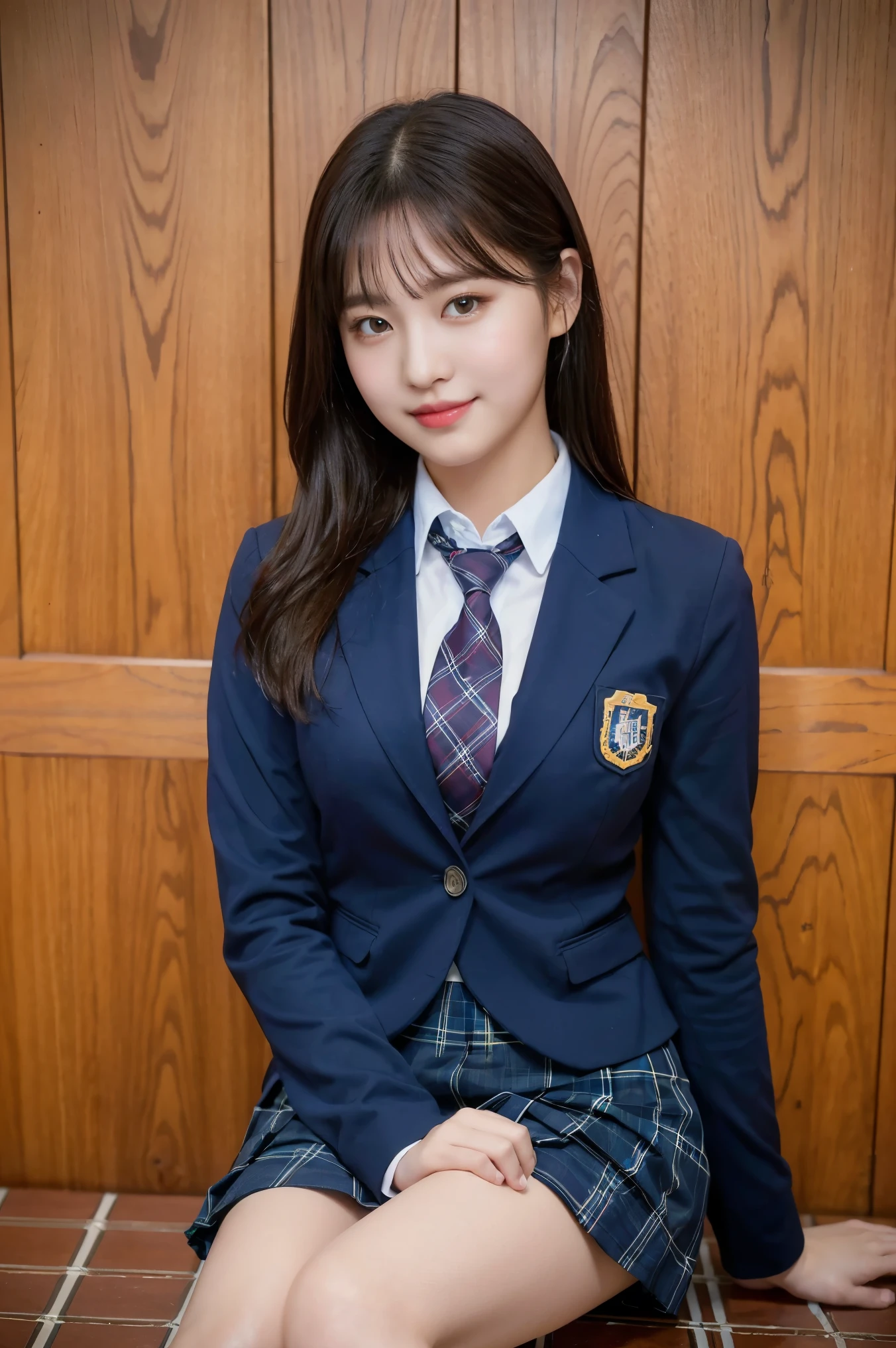 (8K), (highest quality: 1.2), (realistic), (realistic: 1.37), ultra high resolution, (1 girl), cute, smile, closed mouth, beautiful details, beautiful nose, wet hair, giant dulcefo, pork, thighs,self snap,University Student Uniform,(A simple navy blue blazer),pleated skirt,(The skirt and tie are tartan check pattern:1.3),(sitting:1), sit on ,(hug your feet:1),from the front,knees