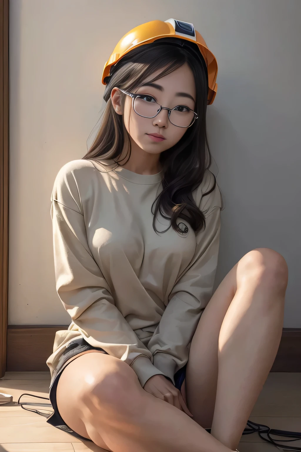 work of art, highest quallity, (papel de parede CG Unity 8k altamente detalhado), (highest quallity), (best illustrations), (best shade), confusing, realistic lighting, (abyss), Beautiful and delicate shine, A woman working at a construction site,helmet,Random Pause,((Long sleeve shirt)),cute freckles on the cheeks,mole under left eye,there is a woman sitting on the floor with her legs crossed..., wearing glasses, Japanese Model, wearing glasses on, wearing glasses quadrados, Young idol of sensual engraving, Yasumoto Oka, A true young gravure idol, without glasses,