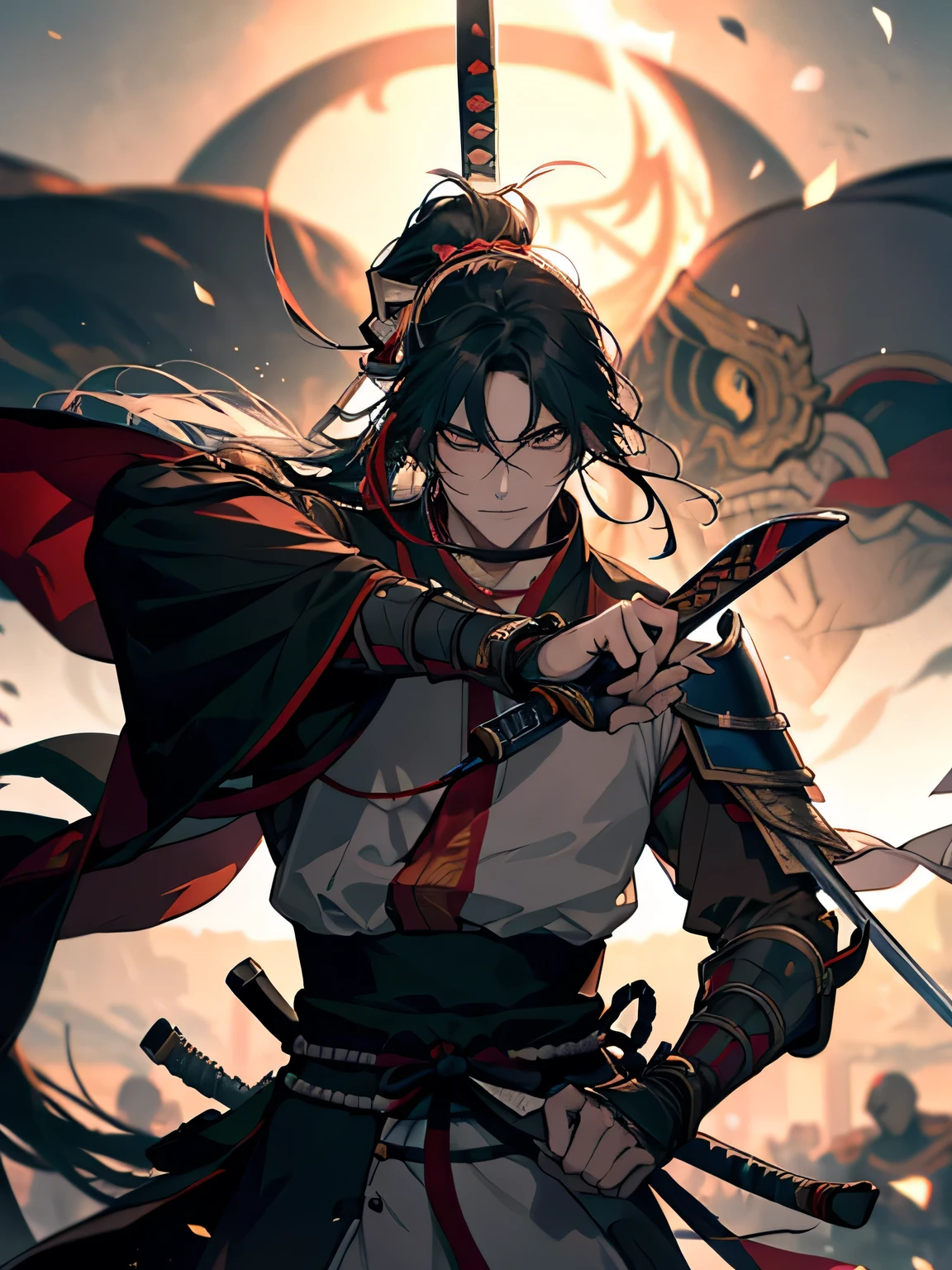 Arafed image of a man holding a sword in the air, Warrior Warrior, Warrior, Works inspired by Kano Hogai, epic Warrior warrrior, Warrior style, inspired by Kanō Sanraku, japanese Warrior, Japanese warrior, Ronin, miyamoto musashi, Rurouni Kenshin, Swordsman，2 knife flow
