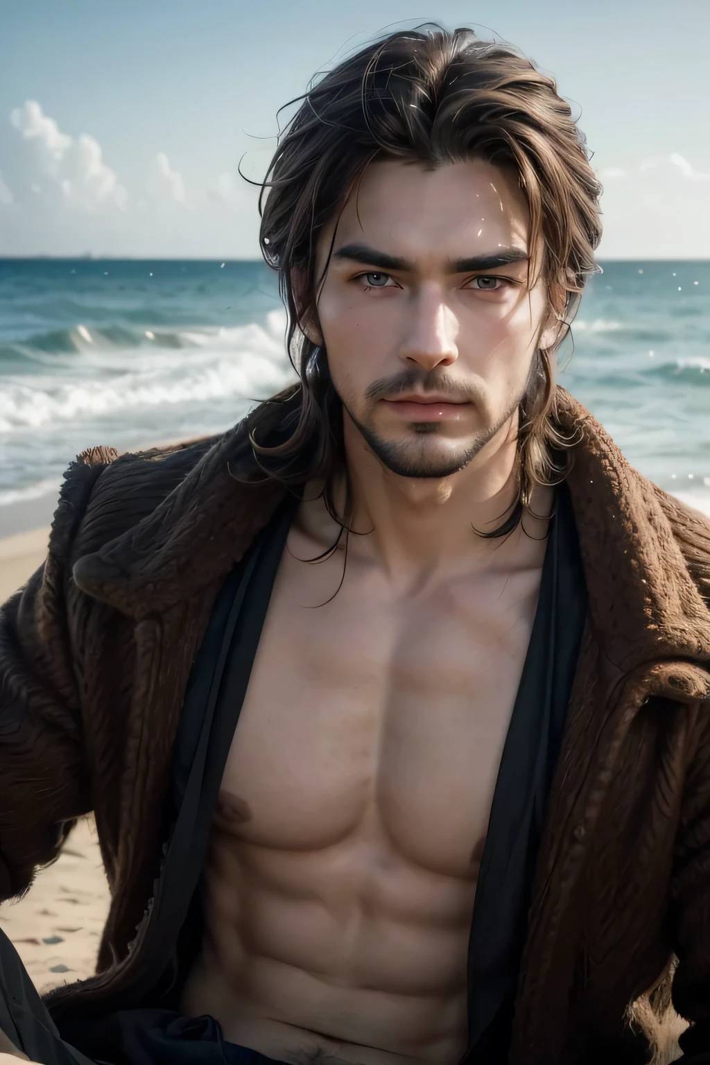 Create a realistic photograph of a tall man, stark, western, lightBrown hair, jaw-length hair, slightly slanted eyes, bushy eyebrows, lightbrown eyes, thick lips, with hairy chest. This man is 26 years old, is on the beach without a shirt.