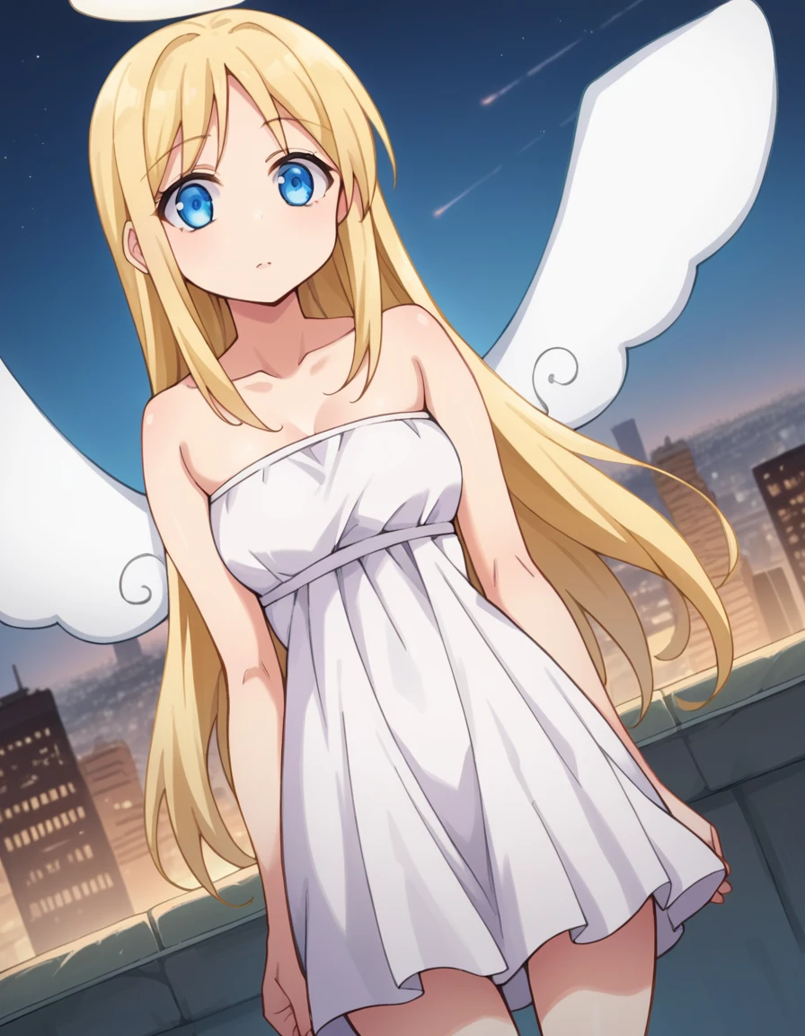 score_9, score_8_superior, score_7_superior, sauce_anime, Crimbael, Crimbael, Long Hair, blue eyes, Blonde, dress, Exposing shoulders, clavicle, wing, white dress, Strapless, Hello, Strapless dress, Angel wing, white wing, Angel, Outdoor, Cityscape, View your viewers, Dutch Angle, Cowboy Shot,