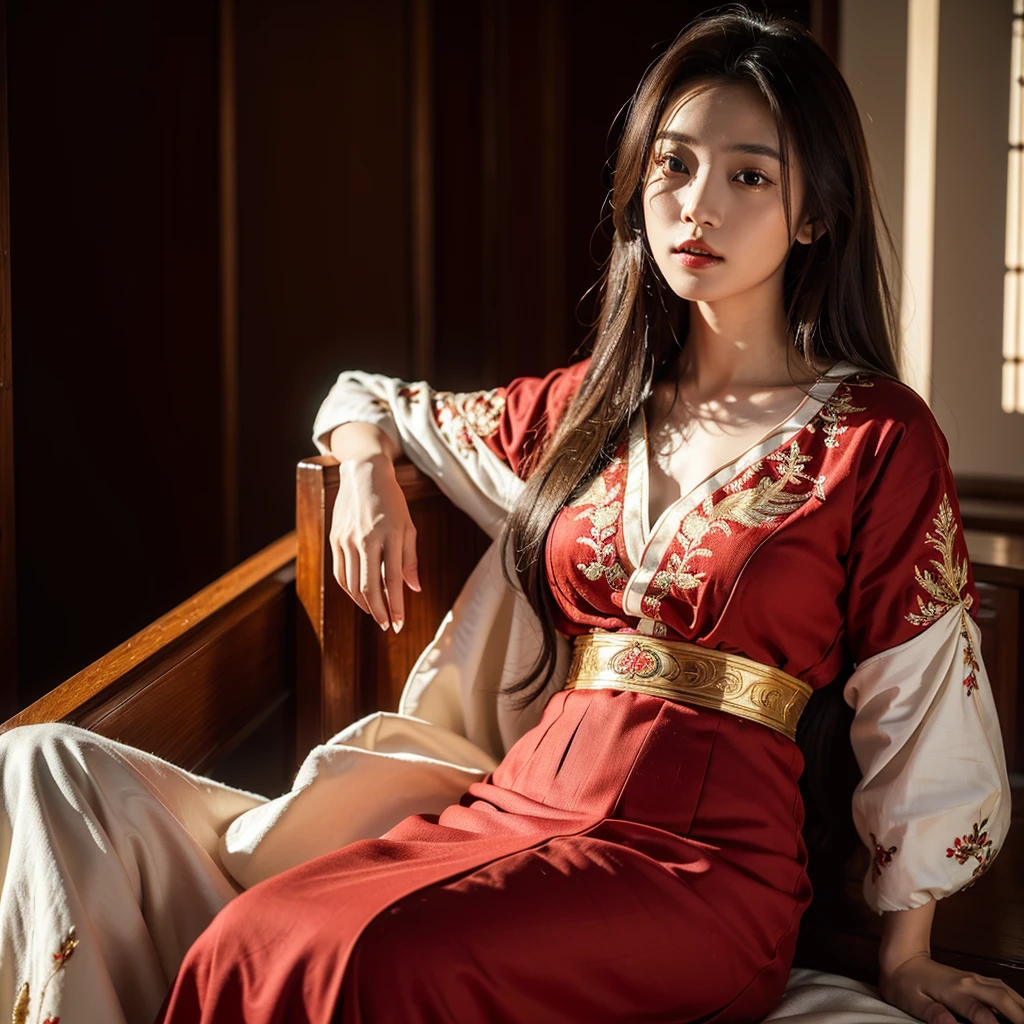 ((Highest quality)), ((masterpiece)), (detailed), (Perfect Face)、The woman is Ogiso Setsuna, with light brown, medium-long hair and a gorgeous red long-slit Chinese dress with gold embroidery and trim.
