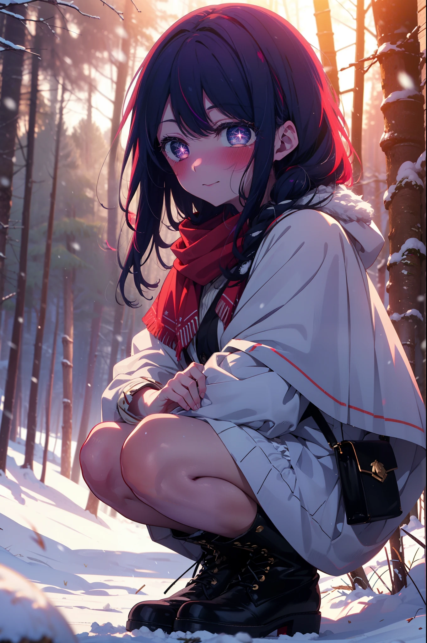 aihoshino, Ai Hoshino, Long Hair, bangs, (Purple eyes:1.1), Purple Hair, (Symbol-shaped pupil:1.5), smile,,smile,blush,white breath,
Open your mouth,snow,Ground bonfire, Outdoor, boots, snowing, From the side, wood, suitcase, Cape, Blurred, , forest, White handbag, nature, Squat, Mouth closed, Cape, winter, Written boundary depth, Black shoes, red Cape break looking at viewer, Upper Body, whole body, break Outdoor, forest, nature, break (masterpiece:1.2), Highest quality, High resolution, unity 8k wallpaper, (shape:0.8), (Beautiful and beautiful eyes:1.6), Highly detailed face, Perfect lighting, Extremely detailed CG, (Perfect hands, Perfect Anatomy),