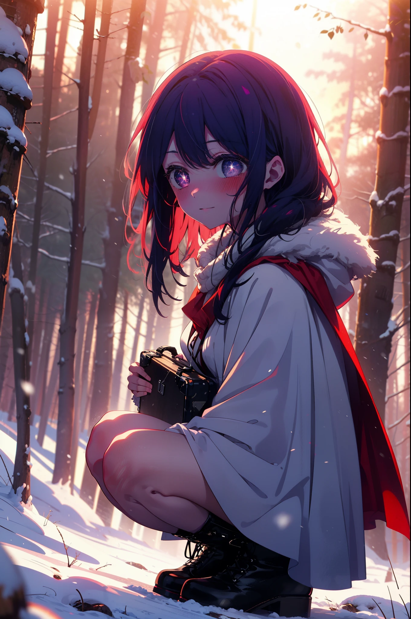 aihoshino, Ai Hoshino, Long Hair, bangs, (Purple eyes:1.1), Purple Hair, (Symbol-shaped pupil:1.5), smile,,smile,blush,white breath,
Open your mouth,snow,Ground bonfire, Outdoor, boots, snowing, From the side, wood, suitcase, Cape, Blurred, , forest, White handbag, nature,  Squat, Mouth closed, Cape, winter, Written boundary depth, Black shoes, red Cape break looking at viewer, Upper Body, whole body, break Outdoor, forest, nature, break (masterpiece:1.2), Highest quality, High resolution, unity 8k wallpaper, (shape:0.8), (Beautiful and beautiful eyes:1.6), Highly detailed face, Perfect lighting, Extremely detailed CG, (Perfect hands, Perfect Anatomy),