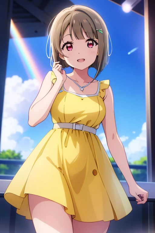(Highest quality、Masterpiece ∶1.2)、One Girl、alone、アニメ、アニメ Screen cap、Ray Tracing、Global Illumination、ultra hi resolution picture、Bright colors、Cinematic Light、Lens flare、Light on the face、Glowing Eyes、Depth of written boundary、Detailed Background、cute、Straight、smile、View your viewers、Outdoor、Clear skies、lovelive、Kasumi Nakasu、Yellow-brown hair、Bobcut、short hair、One Length Bobcut、Asymmetrical Hair、Long left bangs、Red Eye、Yellow camisole dress