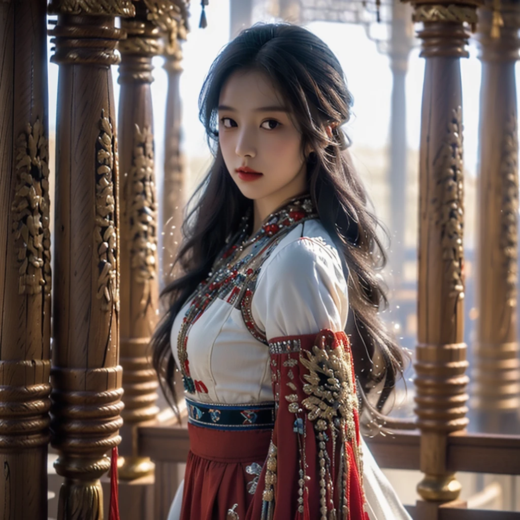 ((Highest quality)), ((masterpiece)), (detailed), （Perfect Face）、The woman is Ogiso Setsuna, with light brown, medium-long hair and a gorgeous red long-slit Chinese dress with gold embroidery and trim.