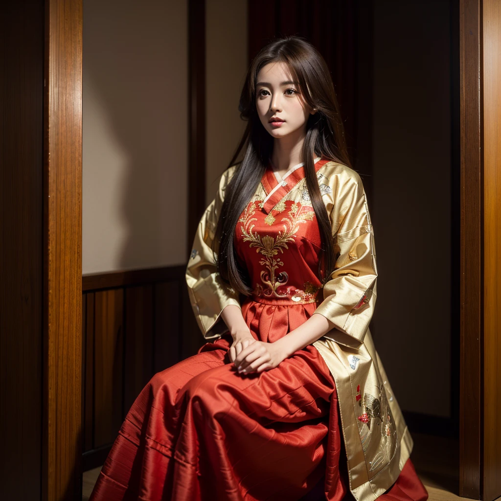 ((Highest quality)), ((masterpiece)), (detailed), (Perfect Face)、The woman is Ogiso Setsuna, with light brown, medium-long hair and a gorgeous red long-slit Chinese dress with gold embroidery and trim.
