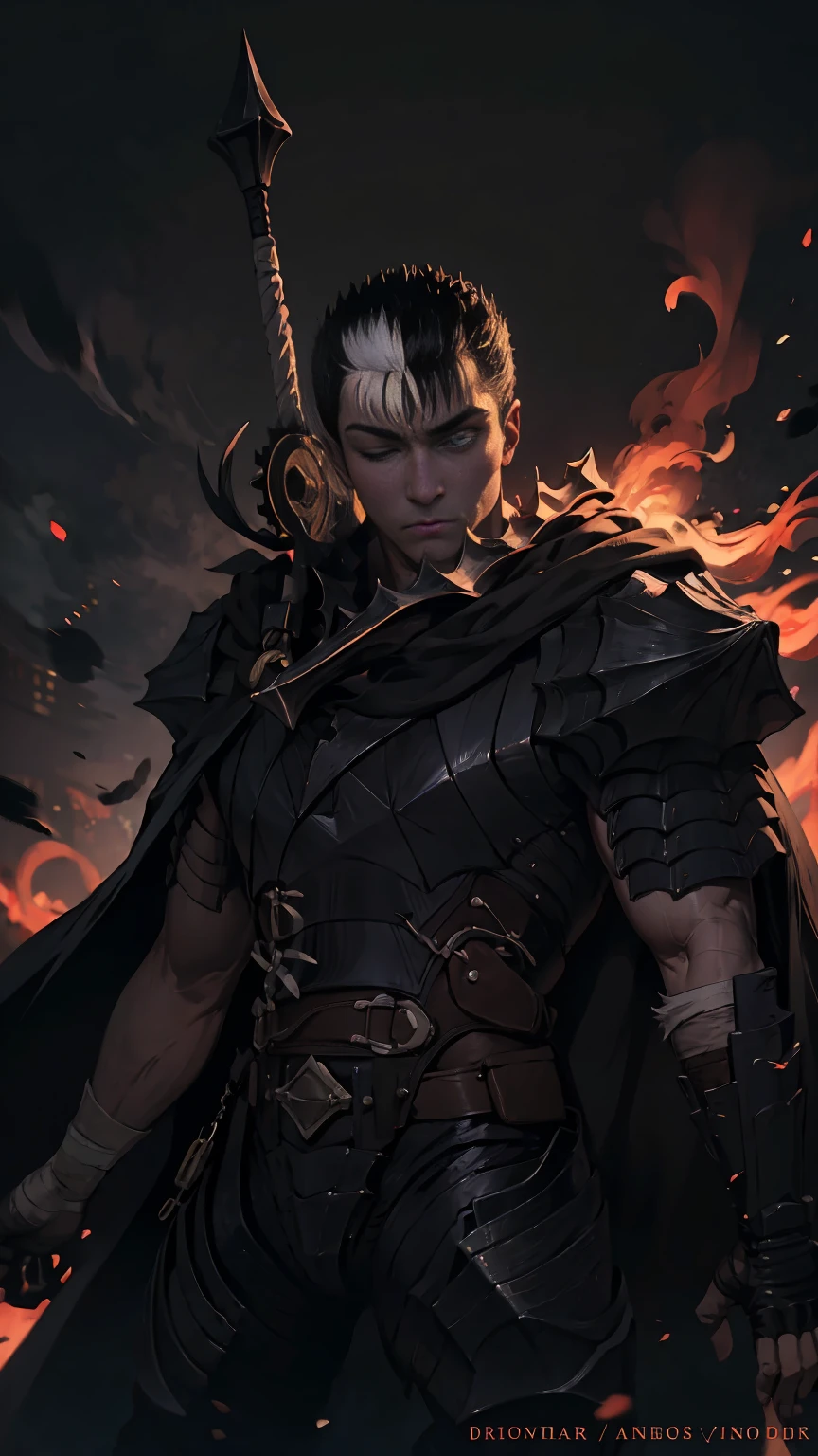 masterpiece, best quality, highly detailed, {{Guts}}, {{Berserk}}, 1boy, armor, bandages, black hair, long black cape, huge weapon, male focus, manly, multicolored hair, right eye closed, scar, solo, big thick heavy long sword, weapon, white-- hair, standing, masculinity, best quality, ultra detailed, gorgeous eyes, detailed eyes, detailed hair, realistic, blur background. low contrast, dark souls, soul-like atmosphere, lighting---, realistic, painting