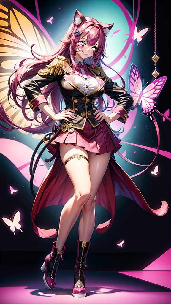 Magenta hair, brown eyes, older woman, long thick hair, pretty hair ornaments, smile face, happy, cat ears, sexy uniform outfit, color background, butterflies, full body