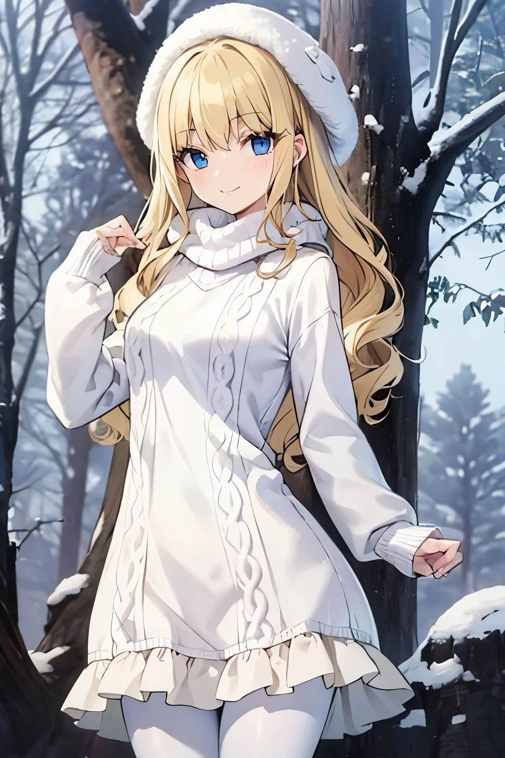 Safe for work, masterpiece, best quality, solo, 1 girl,  cute girl, wholesome girl, (young female body:1.4), ( medium small breasts), cowboy shot, shy smile, flustered, yellow hair, voluminous wavy hair, extra long hair, hime cut, very blunt bangs, light blue eyes, detailed eyes, snowy forest trees, snow, knit sweater dress, white sweater dress, scarf, white pantyhose, right sweater dress, knit dress, 