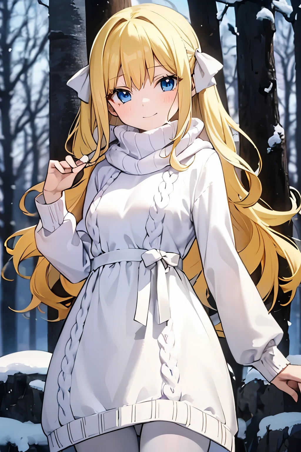 Safe for work, masterpiece, best quality, solo, 1 girl, cute girl, wholesome girl, (young female body:1.4), ( medium small breasts), cowboy shot, shy smile, flustered, yellow hair, voluminous wavy hair, extra long hair, hime cut, very blunt bangs, light blue eyes, detailed eyes, snowy forest trees, snow, knit sweater dress, white sweater dress, scarf, white pantyhose, right sweater dress, knit dress,
