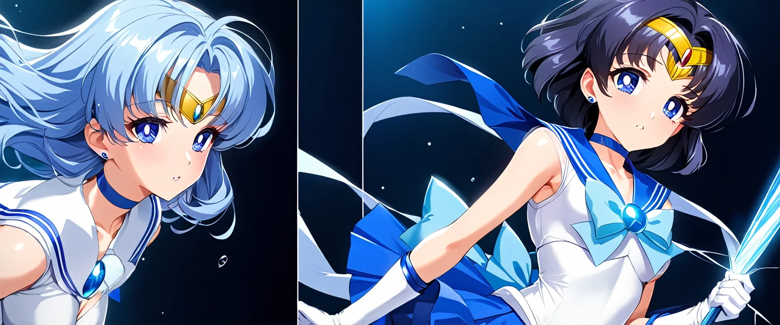 (Perfect Anatomy)、Mastepiece、Ultra High Quality、 8k、masterpiece、Highest quality、Ultra-high resolution、Maximum resolution、Very detailed、Professional Lighting、anime、woman、thin、Very beautiful face、Very beautiful eyes、(Highly detailed eye)、Highly detailed face、Sailor Mercury、tiara、Sailor Warrior Uniform、Blue Skirt、Blue sailor collar、Knee Boots、choker、White gloves、blue choker、jewelry、Earrings、White leotard、Pleated skirt, gloves, “The water gushing from the magical spring glows with a mysterious shine and holds the power to distort even time.”