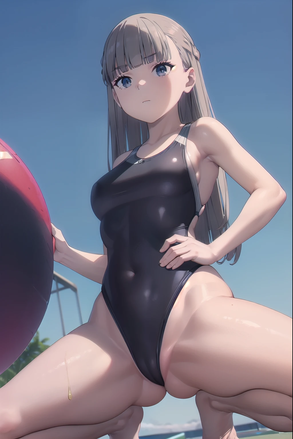 (best quality), (masterpiece),(highres), (lawine_sousounofrieren:1.10), (Lawine), 1girl, closed mouth, looking at viewer, small Breasts, ( black competition swimsuit: 1.5), hands on hips, Carboy shot, squatting, spread legs,  from below, outdoors, bloom, poolsaide