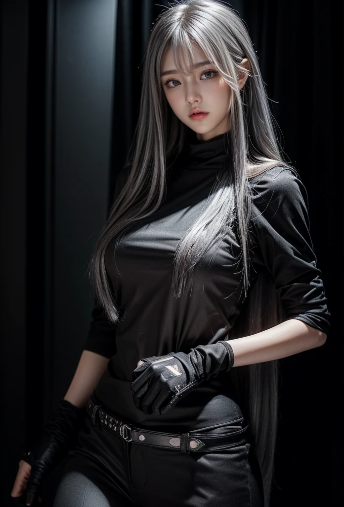 Military Uniforms,pants,black military uniform,whole body,Height: 168cm,almond shape eyes,{{{{{silver eyes}}}}},{{{{{dull bangs}}}}},(slanted eyes},{{whole body},{{{1 girl}}}, long hair, straight hair,{{{{silver hair}}}},{{{tsurime}}},30 years old,{Medium chest},{{bush}},silver eyes,{{{masterpiece}}}, {{{highest quality}}}, {{Super detailed}}, {shape}, {{very delicate and beautiful}},very detailed,detailed perfect,detailed hyper,Abundant thighs,big ass,black clothes