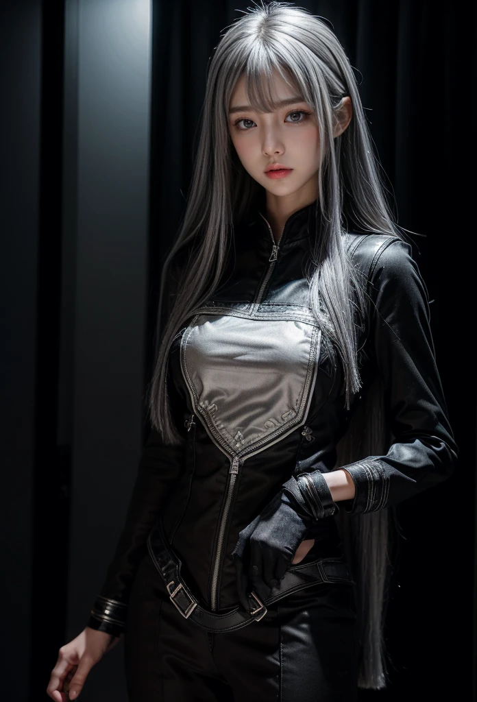 Military Uniforms,pants,black military uniform,whole body,Height: 168cm,almond shape eyes,{{{{{silver eyes}}}}},{{{{{dull bangs}}}}},(slanted eyes},{{whole body},{{{1 girl}}}, long hair, straight hair,{{{{silver hair}}}},{{{tsurime}}},30 years old,{Medium chest},{{bush}},silver eyes,{{{masterpiece}}}, {{{highest quality}}}, {{Super detailed}}, {shape}, {{very delicate and beautiful}},very detailed,detailed perfect,detailed hyper,Abundant thighs,big ass,black clothes