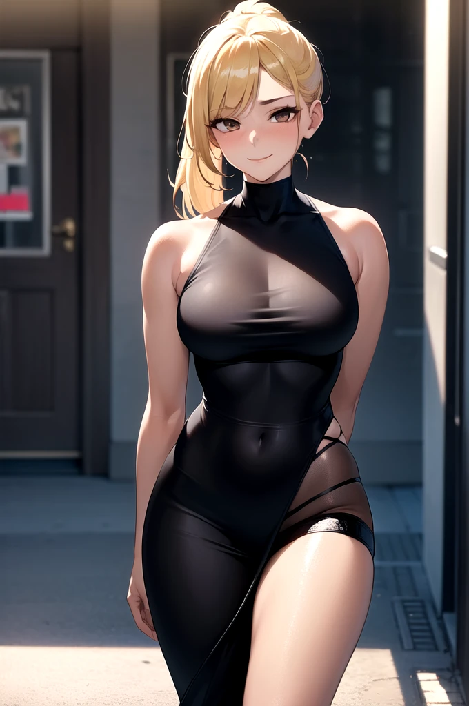 ((((masterpiece)))), ((((best quality)))), 8k, (front Photo), (1girl), shiny skin, female focus, rim light, mature female, a woman standing in the neighborhood, ponytail, blonde hair, dark brown eyes, (dark skin), smirk, closed mouth, gyaru, arm behind back, sexy_clothes