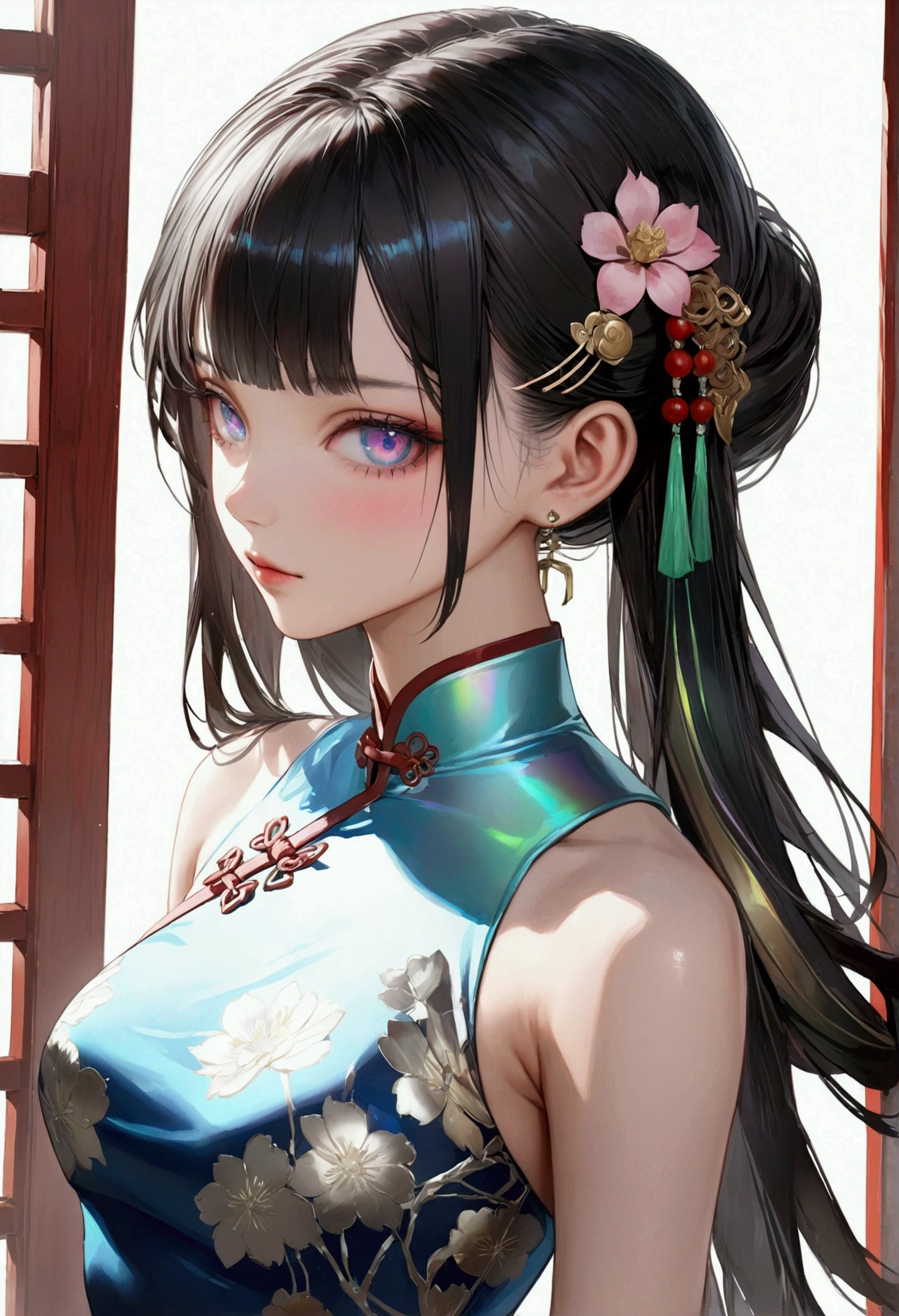 A girl with black hair with  iridescent highlights,iridescent eyes, fair skin tone, slender and athletic built, cheongsam, detailed hair, detailed body, best quality, aesthetic,8k,realistic