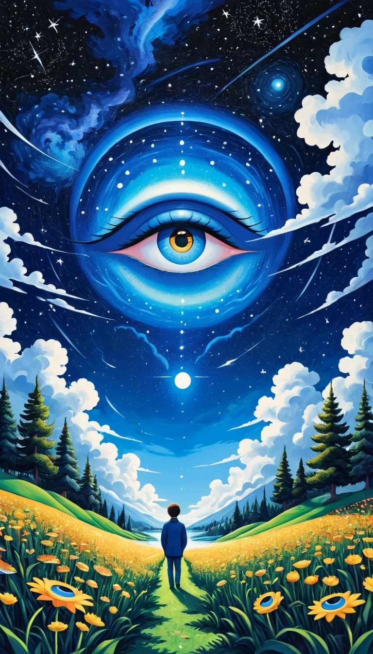 Psychedelic Art。plant、Marine Life、(((Charming eyes,The Third Eye)))、cloud、Starry Sky,Galaxy、Planet、Stitching together an abstract painting,Describing the inner world of autistic people,Sense of space,Blank,White space,Pointillism method,Childish lines,Klein Blue,assimilate into(van gogh)Art style