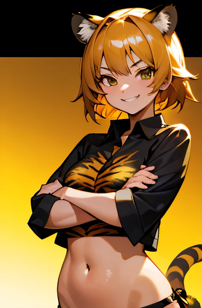 high resolution、High definition、One cute gal with tiger ears and a tiger tail、front、Cross your arms、Elegant figure、Shortcuts、Golden Hair、A smiling smug face、Black Aloha Shirt、Belly button、Groin、Low rise