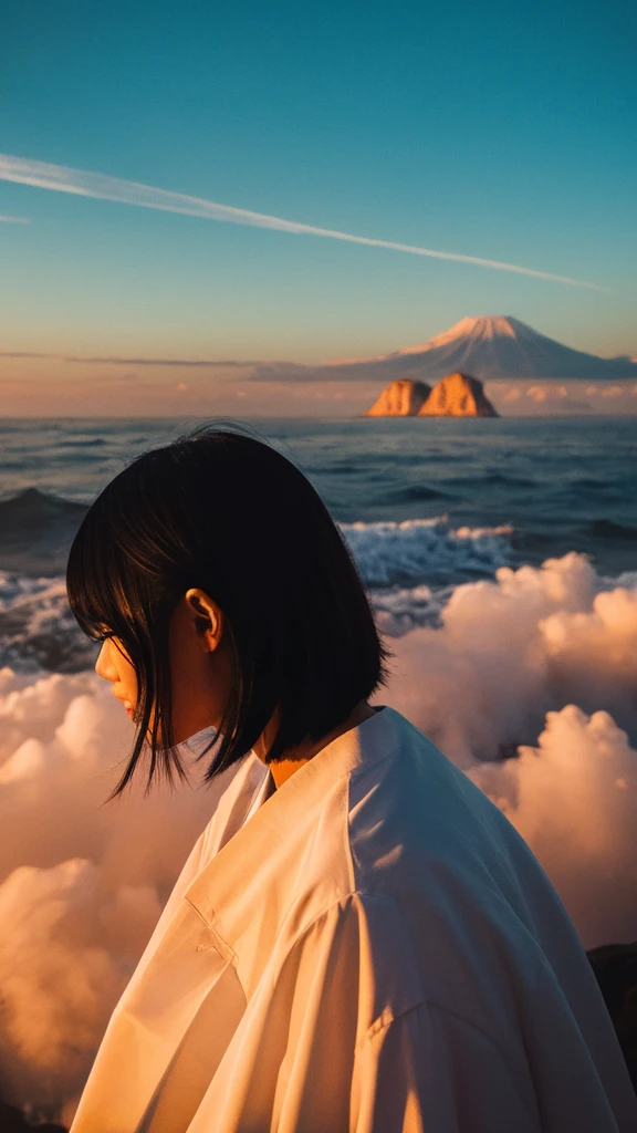 Sea of clouds, black hair, Japanese woman, bob hair, sunrise