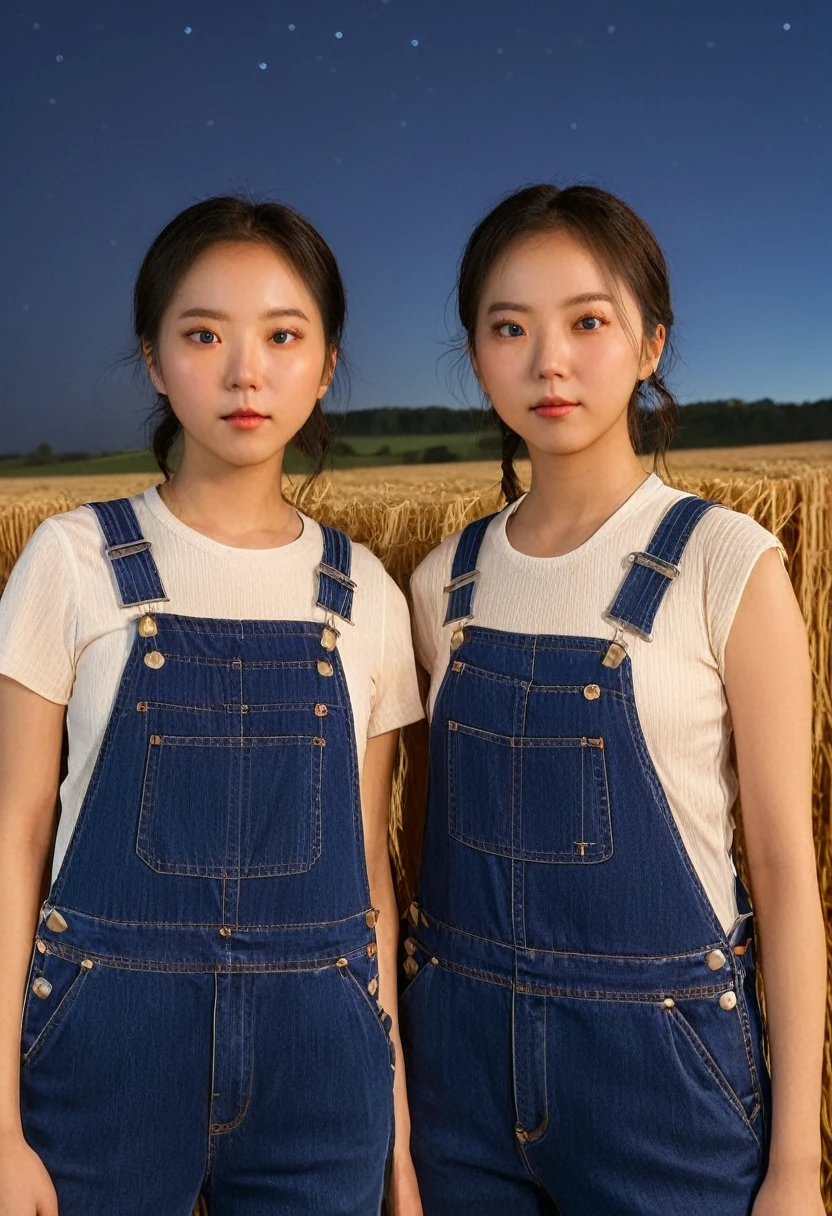 half-body shot of sjang and her identical clone, 2girls, looking at viewer, wearing overalls, setting:farm, countryside, night sky, soft lighting, vibrant lighting, warm colors, accurate face details , beautiful, detailed, realistic