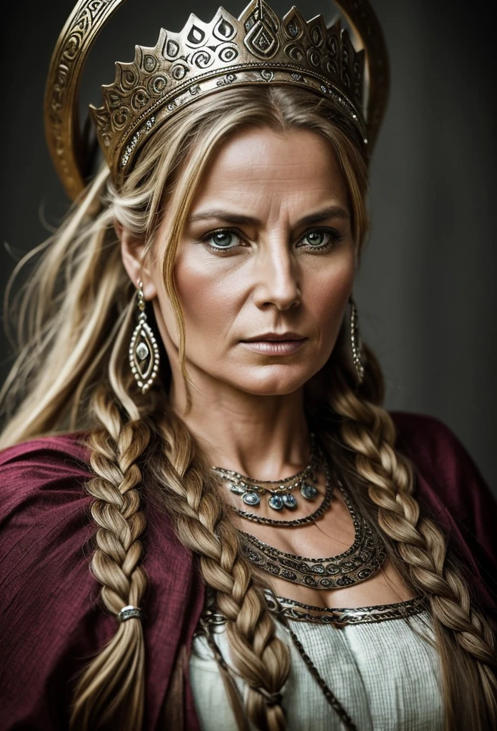 Craft an image of a Viking Queen, 45 years old Woman, extremely gorgeous, that not only showcases the regal nature of the Queen but also tells a story. Illustrate her in a moment of contemplation or action, capturing her inner turmoil or determination. Explore the duality of her character by contrasting her divine grace with the weight of her ruling ambition, 