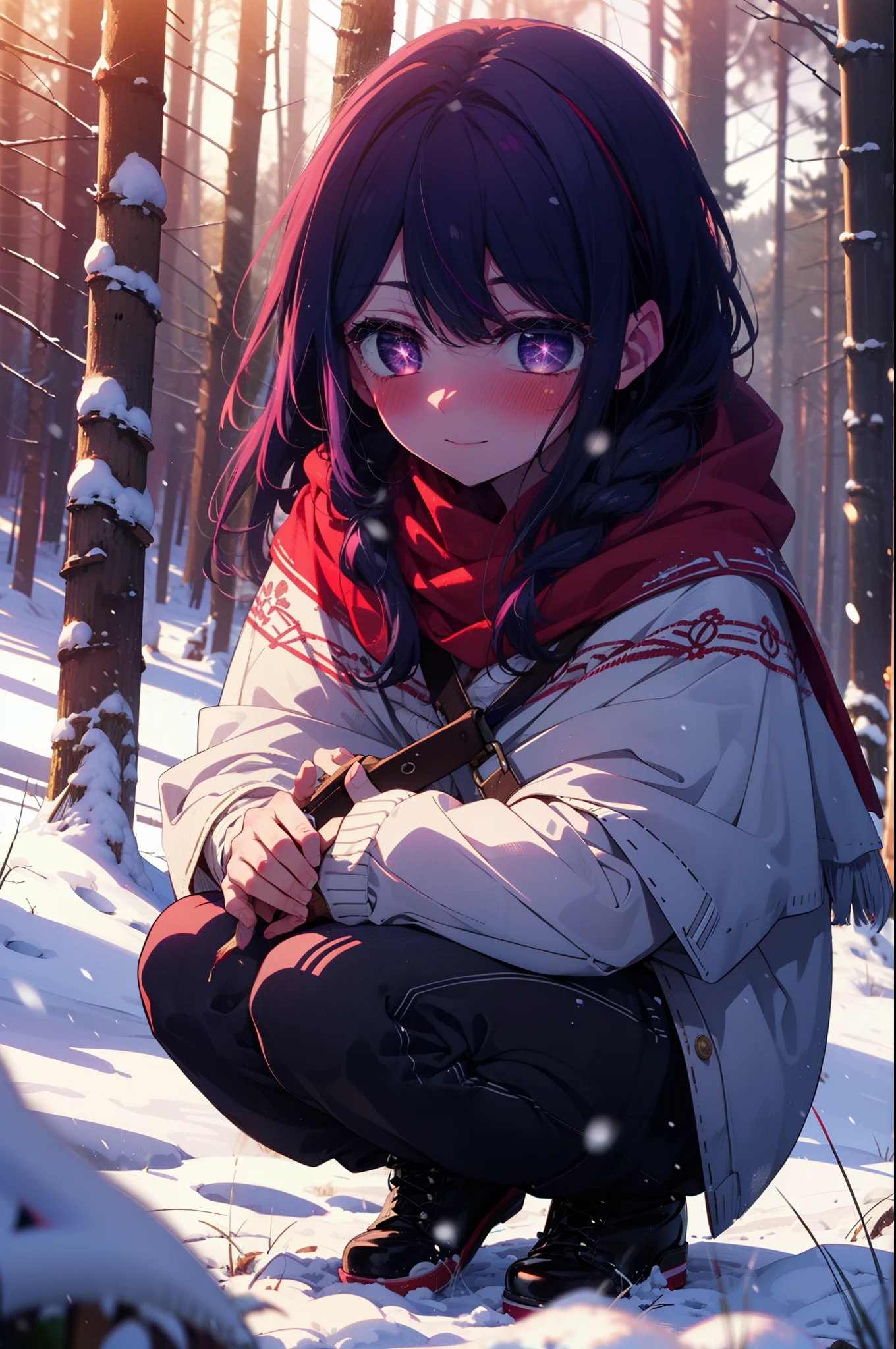 aihoshino, Ai Hoshino, Long Hair, bangs, (Purple eyes:1.1), Purple Hair, (Symbol-shaped pupil:1.5), smile,,smile,blush,white breath,
Open your mouth,snow,Ground bonfire, Outdoor, boots, snowing, From the side, wood, suitcase, Cape, Blurred, , forest, White handbag, nature, Squat, Mouth closed, Cape, winter, Written boundary depth, Black shoes, red Cape break looking at viewer, Upper Body, whole body, break Outdoor, forest, nature, break (masterpiece:1.2), Highest quality, High resolution, unity 8k wallpaper, (shape:0.8), (Beautiful and beautiful eyes:1.6), Highly detailed face, Perfect lighting, Extremely detailed CG, (Perfect hands, Perfect Anatomy),