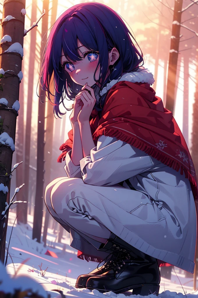 aihoshino, Ai Hoshino, Long Hair, bangs, (Purple eyes:1.1), Purple Hair, (Symbol-shaped pupil:1.5), smile,,smile,blush,white breath,
Open your mouth,snow,Ground bonfire, Outdoor, boots, snowing, From the side, wood, suitcase, Cape, Blurred, , forest, White handbag, nature, Squat, Mouth closed, Cape, winter, Written boundary depth, Black shoes, red Cape break looking at viewer, Upper Body, whole body, break Outdoor, forest, nature, break (masterpiece:1.2), Highest quality, High resolution, unity 8k wallpaper, (shape:0.8), (Beautiful and beautiful eyes:1.6), Highly detailed face, Perfect lighting, Extremely detailed CG, (Perfect hands, Perfect Anatomy),