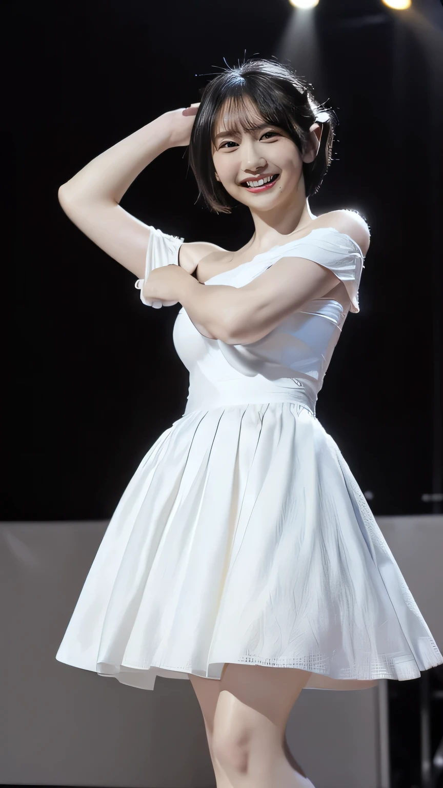 (8k、RAW Photos、Highest quality、masterpiece:1.2)、(Realistic、Realistic)、1 girl、((White off-the-shoulder dress、on stage、Get noticed、Short Bob、View from the front、smile、Looking into the camera 、smile、Full body photo:1.5))、cute、Large Breasts、Sing with a microphone、dance、((The skirt flutters in the wind))