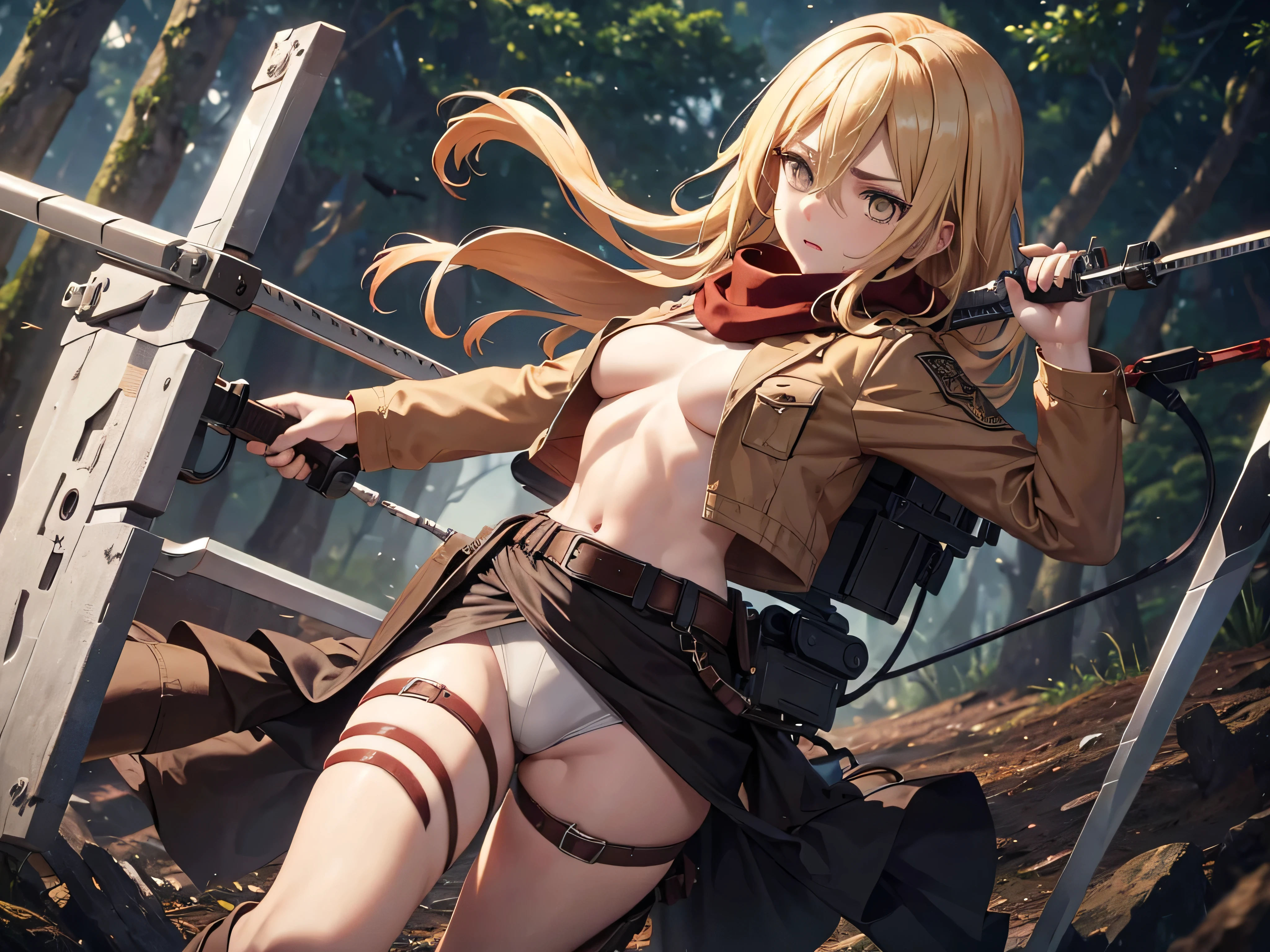 Historia, blond hair, medium breasts, belt, thigh strap, red scarf, black pants, brown jacket, holding weapon, sword, dual wielding, three-dimensional maneuver gear, topless, blood in face , in the deep forest, in the battle field, stunning innocent symmetry face, the perfect body, Average Breasts, Slim waist, Slim legs, (high skin detail:1.4), deep Yellow eyes, upper body, chest exposed, focus on breasts, brown short jacket