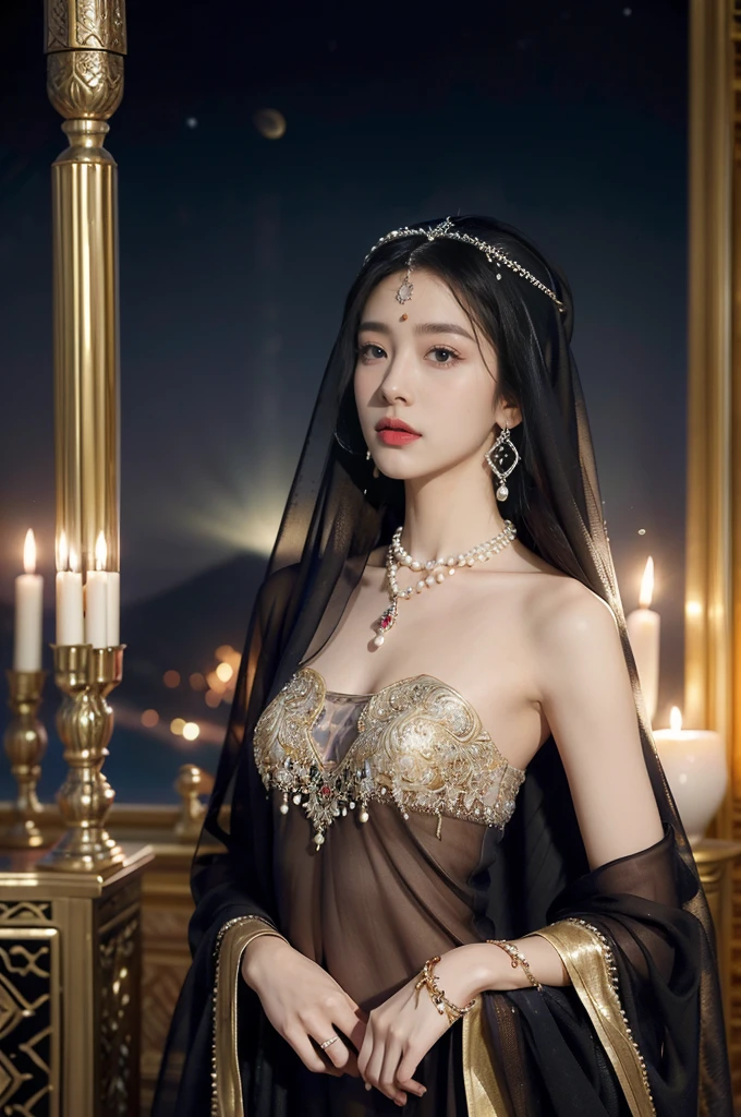 (((best quality))),(((ultra detailed))),(((masterpiece))),illustration,((1girl,Arabian dancer,solo)),(hijab:1.3),((slim,thin)),((small breasts,flat chest)),((earrings,necklace)),((pearls,jewels,gemstones)),(night scene:1.3),(standing:1.3),(in luxurious palace:1.3),(indoor:1.3),(gorgeous embroidered Arabian sheer gown:1.3), intricate patterns,((Arabian theme,Middle Eastern culture)),(shoulder length straight hair:1.2),(sheer veil on face:1.3),mystery, ornate furnishings, decorations, enchantment, magic, Persian magic carpet,night sky, floating,Aladdin's lamp, flame, fulfillment of desires,candlelight,romance,One Thousand and One Nights, coherent narrative, dreamlike atmosphere, deep emotions, graceful movements, passion, face beneath the veil, beloved's dream, timeless beauty, enchantment,magical world, wondrous journey,((from front,upper body))