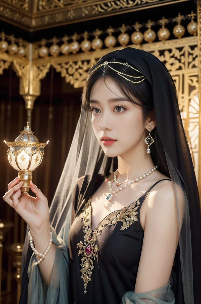 (((best quality))),(((ultra detailed))),(((masterpiece))),illustration,((1girl,Arabian dancer,solo)),(hijab:1.3),((slim,thin)),((small breasts,flat chest)),((earrings,necklace)),((pearls,jewels,gemstones)),(night scene:1.3),(standing:1.3),(in luxurious palace:1.3),(indoor:1.3),(gorgeous embroidered Arabian sheer gown:1.3), intricate patterns,((Arabian theme,Middle Eastern culture)),(shoulder length straight hair:1.2),(sheer veil on face:1.3),mystery, ornate furnishings, decorations, enchantment, magic, Persian magic carpet,night sky, floating,Aladdin's lamp, flame, fulfillment of desires,candlelight,romance,One Thousand and One Nights, coherent narrative, dreamlike atmosphere, deep emotions, graceful movements, passion, face beneath the veil, beloved's dream, timeless beauty, enchantment,magical world, wondrous journey,((from front,upper body))
