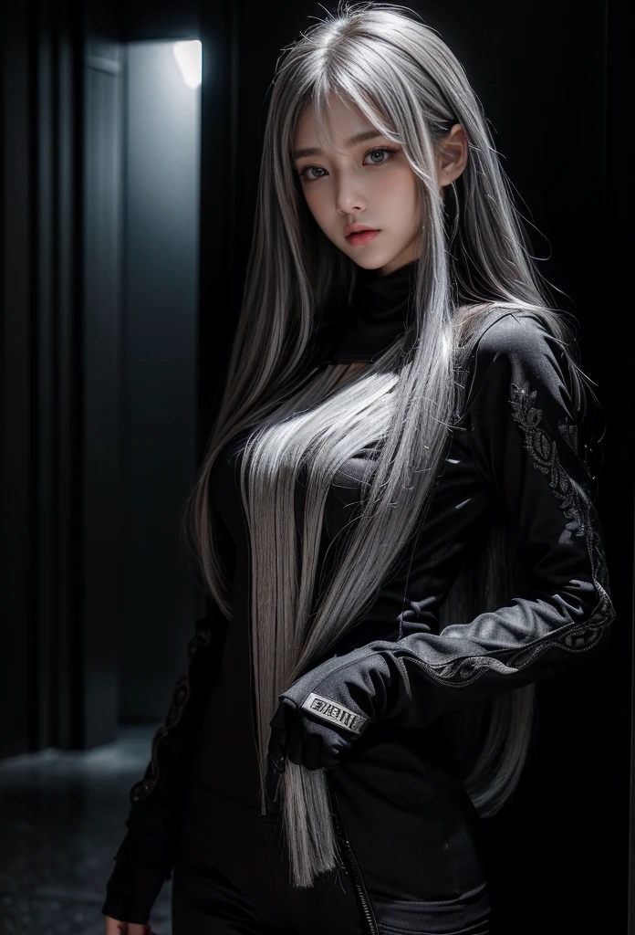 Military Uniforms,pants,black military uniform,whole body,Height: 168cm,almond shape eyes,{{{{{silver eyes}}}}},{{{{{dull bangs}}}}},(slanted eyes},{{whole body},{{{1 girl}}}, long hair, straight hair,{{{{silver hair}}}},{{{tsurime}}},30 years old,{Medium chest},{{bush}},silver eyes,{{{masterpiece}}}, {{{highest quality}}}, {{Super detailed}}, {shape}, {{very delicate and beautiful}},very detailed,detailed perfect,detailed hyper,Abundant thighs,big ass,black clothes