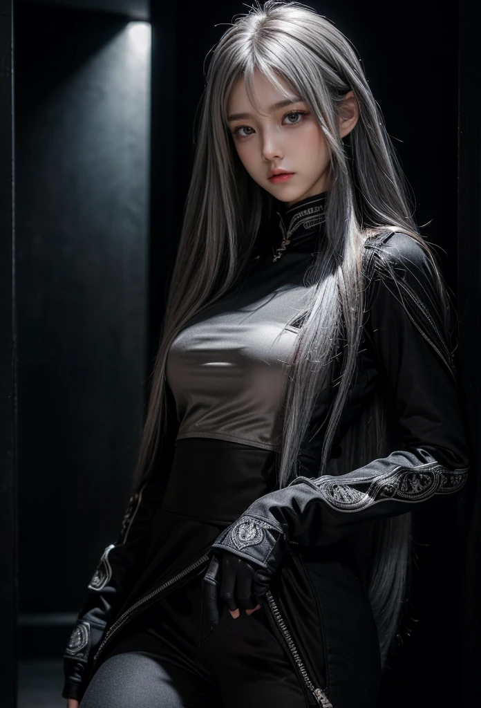 Military Uniforms,pants,black military uniform,whole body,Height: 168cm,almond shape eyes,{{{{{silver eyes}}}}},{{{{{dull bangs}}}}},(slanted eyes},{{whole body},{{{1 girl}}}, long hair, straight hair,{{{{silver hair}}}},{{{tsurime}}},30 years old,{Medium chest},{{bush}},silver eyes,{{{masterpiece}}}, {{{highest quality}}}, {{Super detailed}}, {shape}, {{very delicate and beautiful}},very detailed,detailed perfect,detailed hyper,Abundant thighs,big ass,black clothes