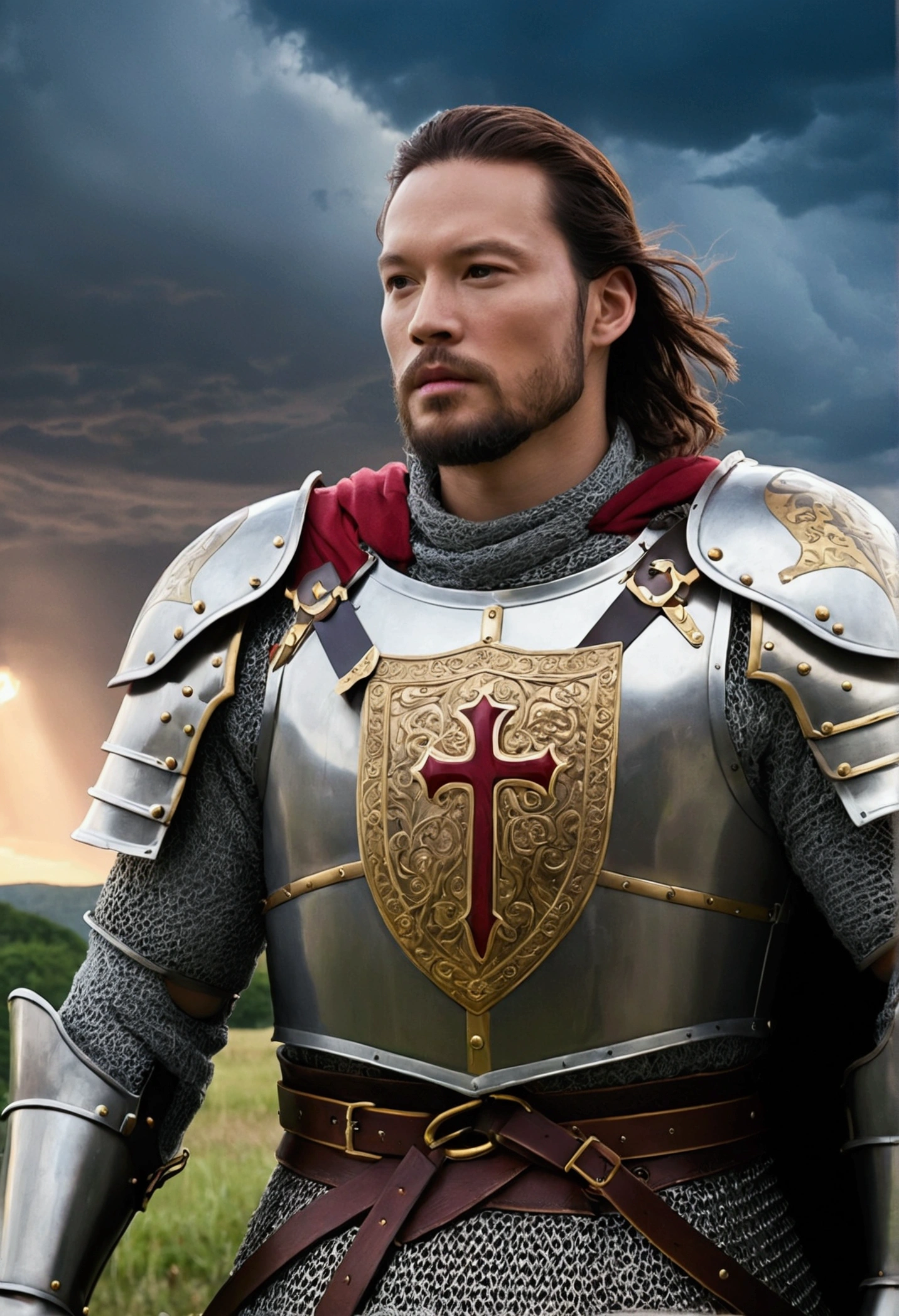 Create a highly detailed and epic scene, stormy sky with flashes of lightning illuminating thick, roiling clouds, casting an eerie, apocalyptic glow in the foreground,  knights in full armor. The knights should have the cross of Jesus prominently displayed on their breastplates and shoulders in their hands swords and bibles. Additionally, each knight should have gemstones representing the breastplate of Aaron embedded in their shoulder armor. In the background a flag with the Shincheonji logo and the phrase "Knights of the Fulfilled Covenant." Add a mystical, divine aura to the scene with soft, glowing light around the knights, symbolizing their holy mission. Ensure the castle and surrounding elements maintain a majestic and grand appearance.