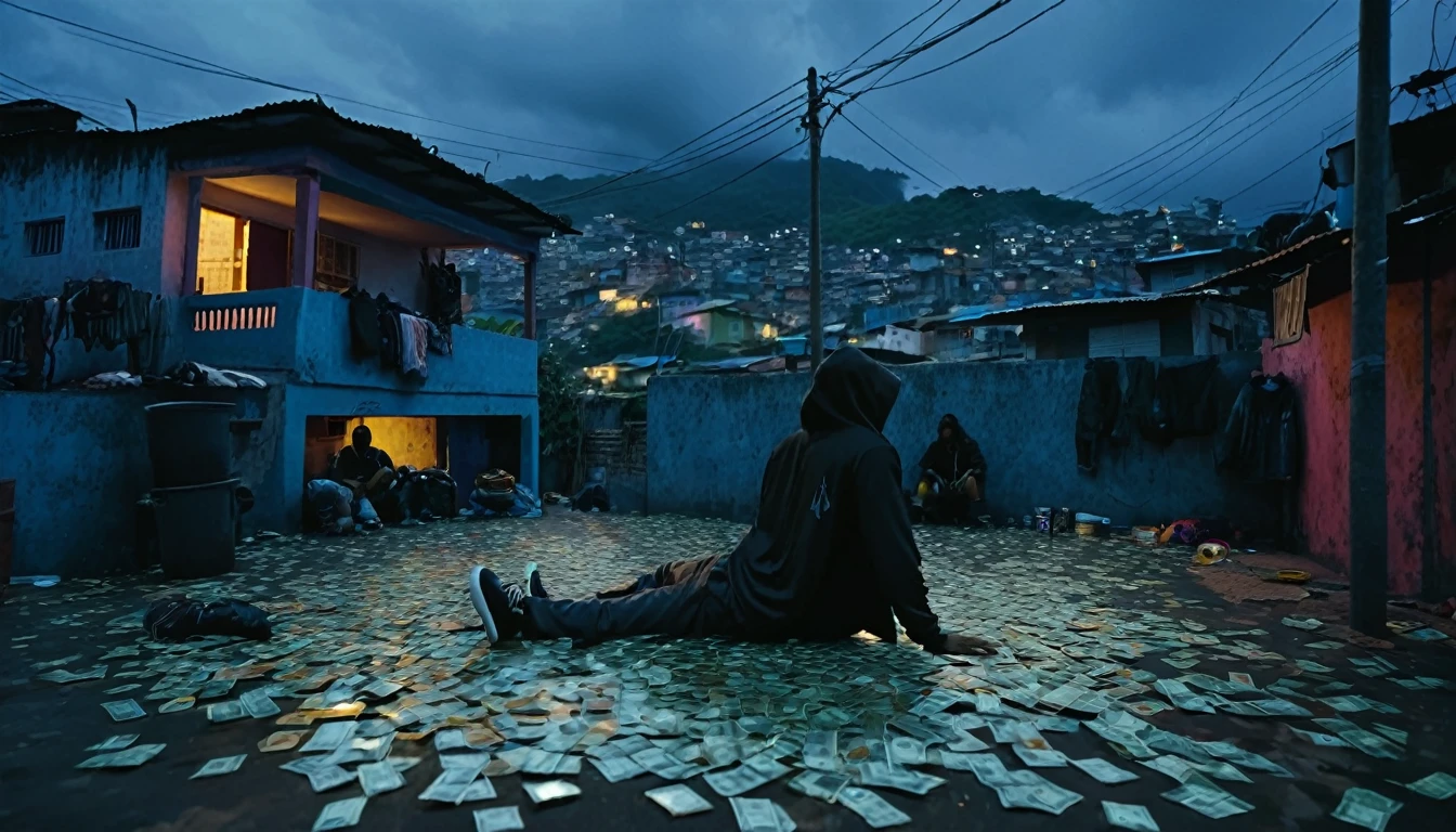 cinematic ultra-detailed 1 house in a favela, multiple hooded men, money scattered on the floor, night lighting, best quality, no weapons, hip hop style